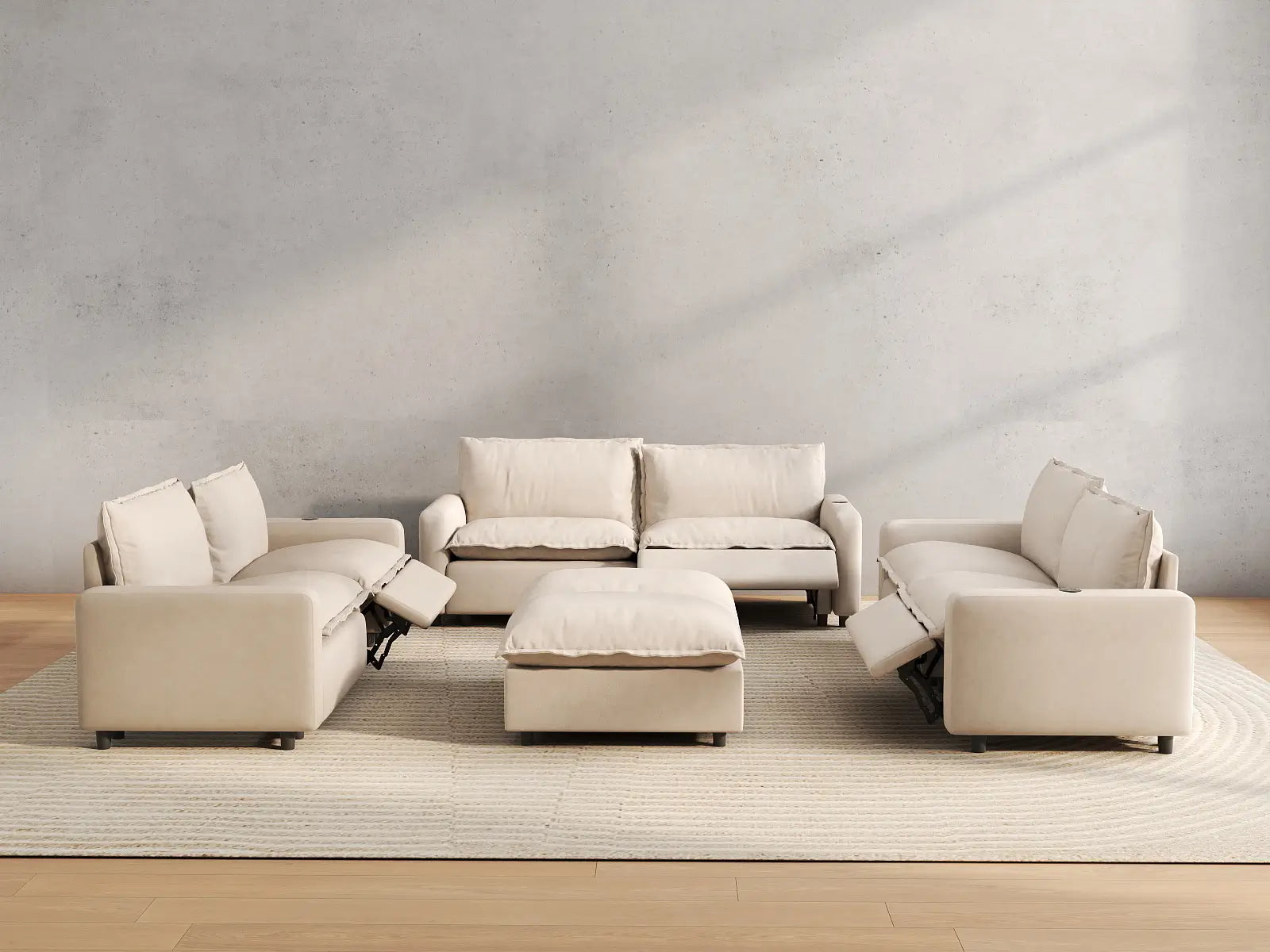 8 Piece Beige Linen Sit Sleep Play Sofa Sets 6 Seater with 2 Ottomans 4