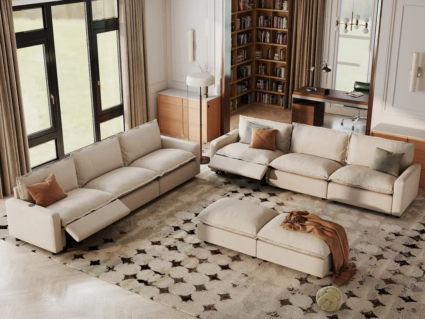 8 Piece Beige Linen Tech Ready Sofa Sets 6 Seater with 2 Ottomans 1