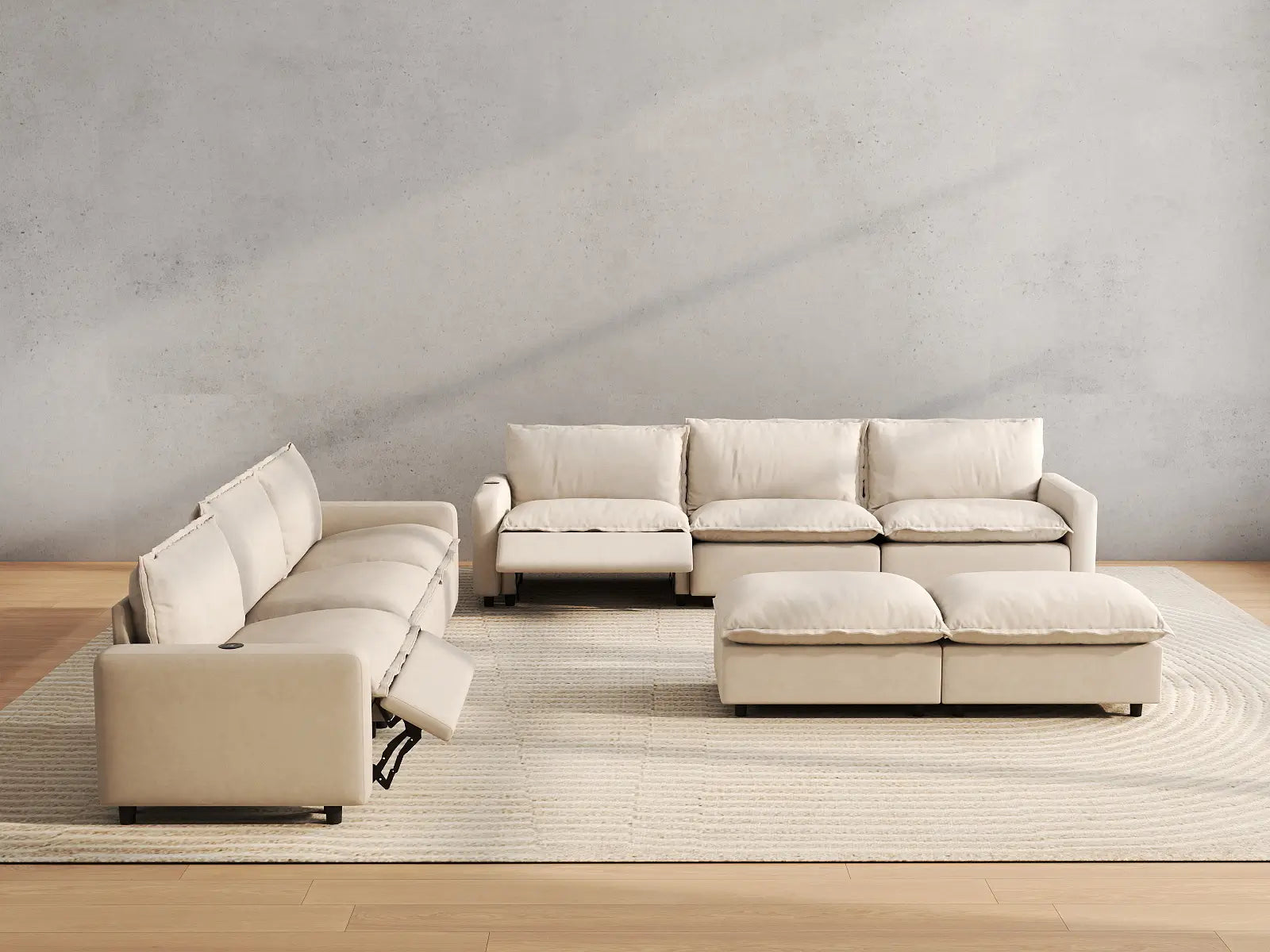 8 Piece Beige Linen Tech Ready Sofa Sets 6 Seater with 2 Ottomans 4