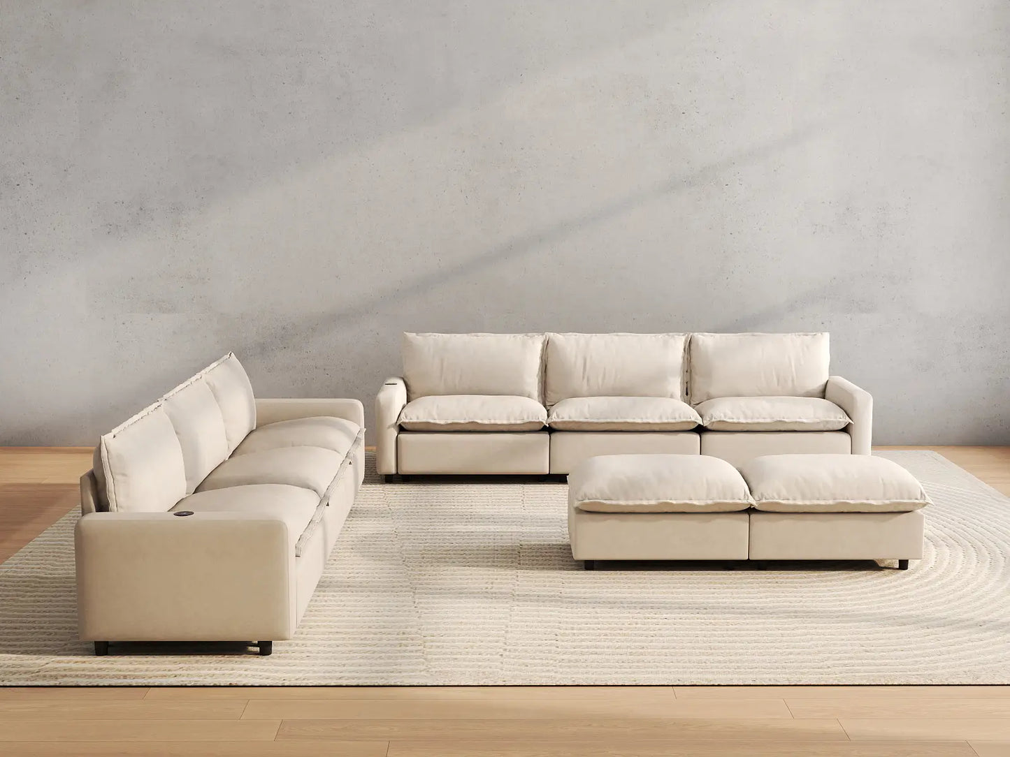 8 Piece Beige Linen Tech Ready Sofa Sets 6 Seater with 2 Ottomans 5