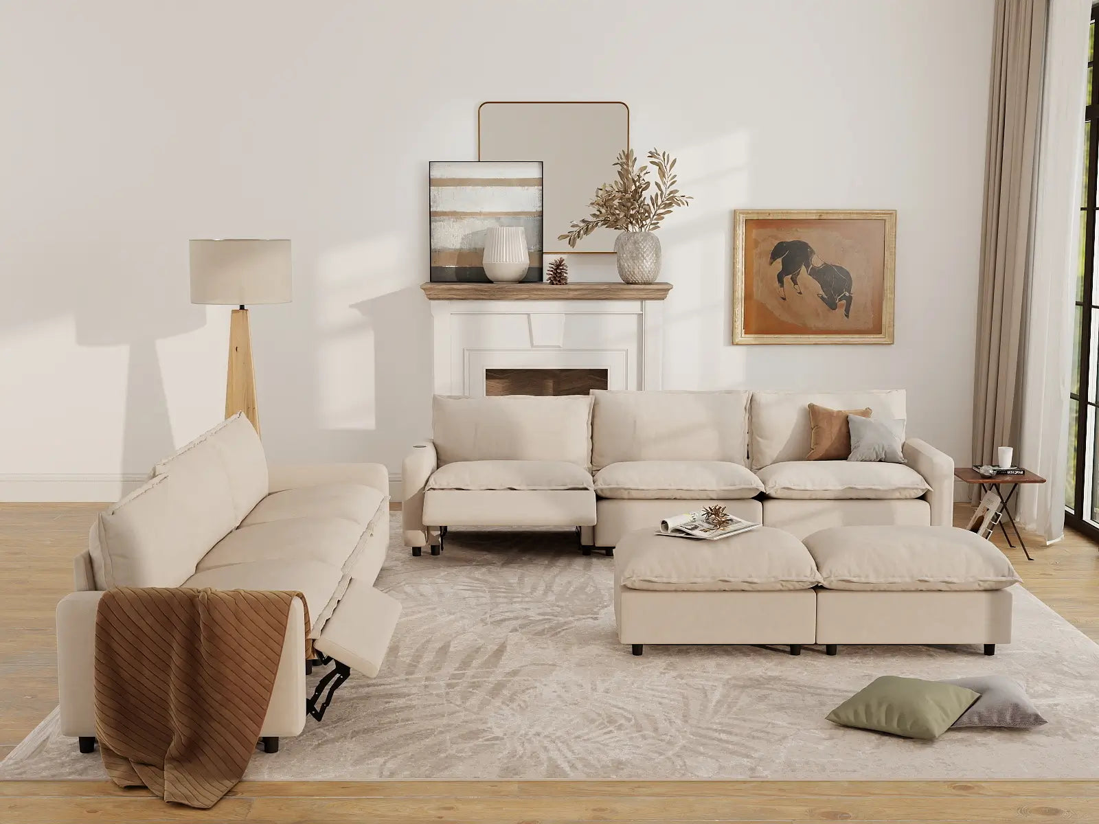 8 Piece Beige Linen Tech Ready Sofa Sets 6 Seater with 2 Ottomans 7