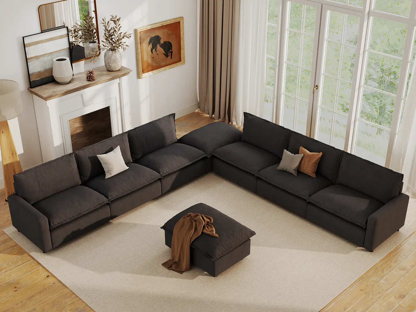 Modular Cero Modular Sectionals | 8-Piece Grey Linen Open Space Sofa Sets 6-Seater with 2-Ottomans
