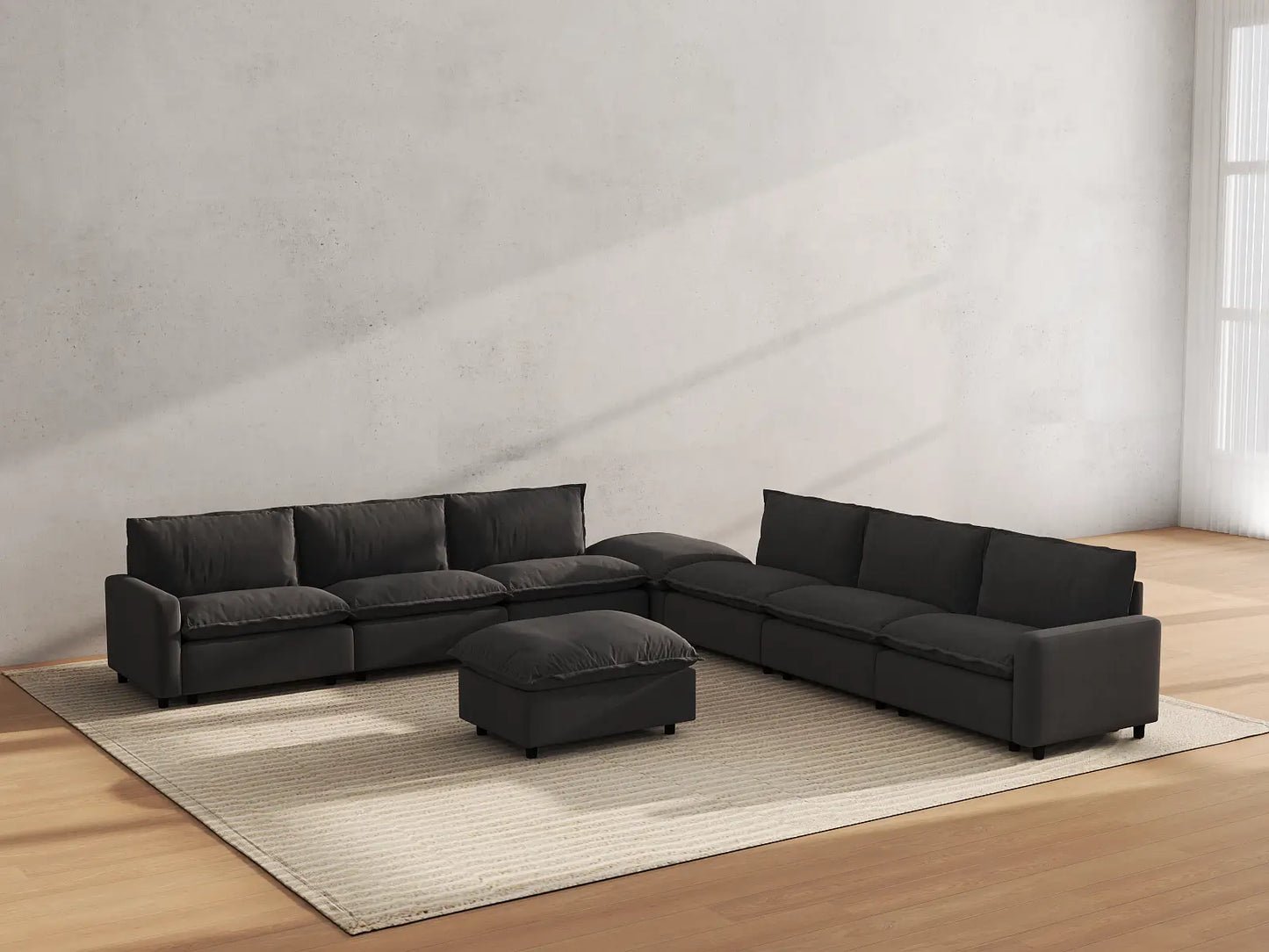 Modular Cero Modular Sectionals | 8-Piece Grey Linen Open Space Sofa Sets 6-Seater with 2-Ottomans