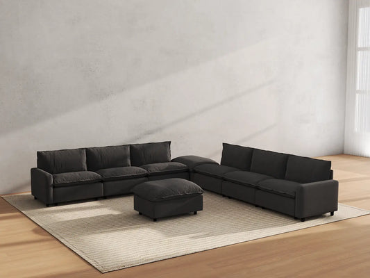 Modular Cero Modular Sectionals | 8-Piece Grey Linen Open Space Sofa Sets 6-Seater with 2-Ottomans