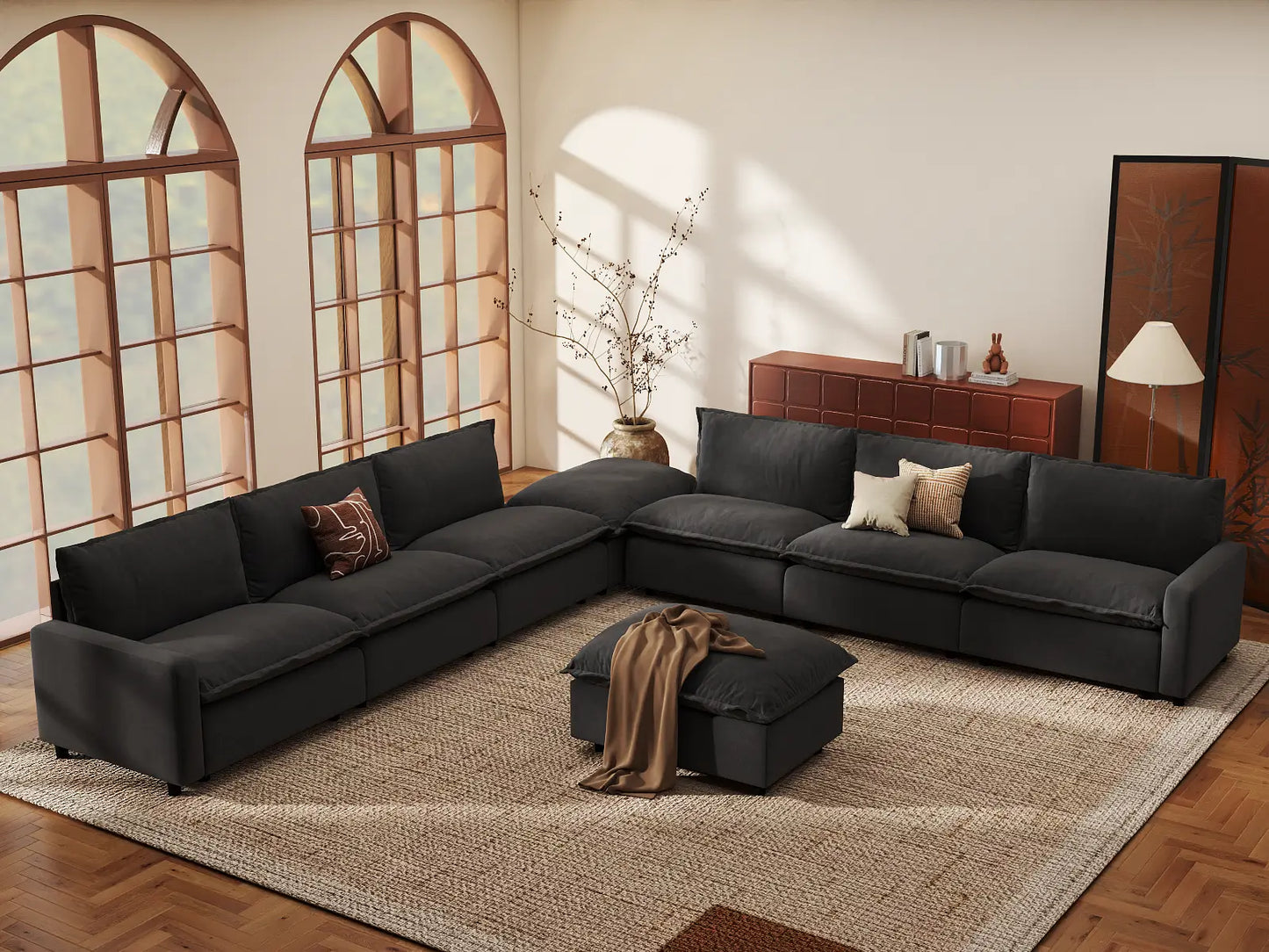 Modular Cero Modular Sectionals | 8-Piece Grey Linen Open Space Sofa Sets 6-Seater with 2-Ottomans