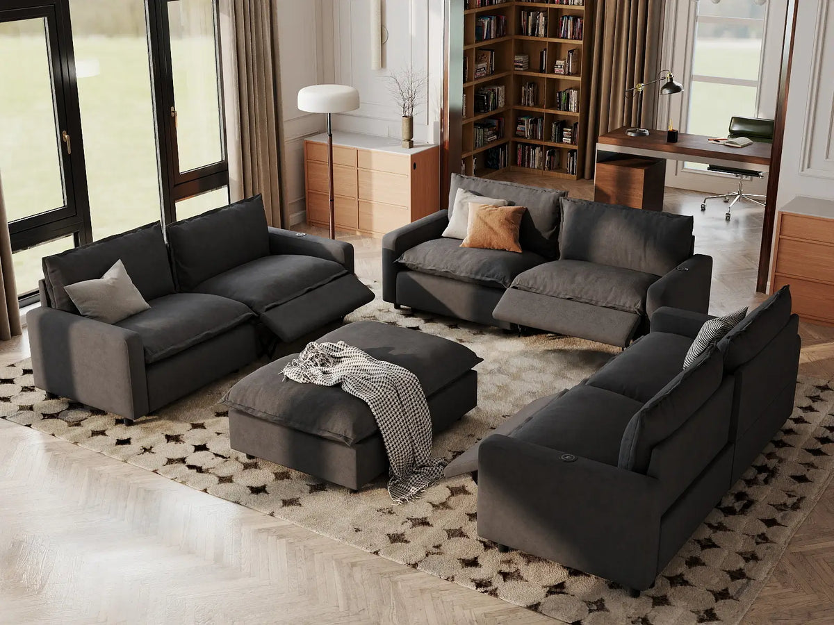 8 Piece Grey Linen Stretch Out Fully Sofa Sets 6 Seater with 2 Ottomans 1