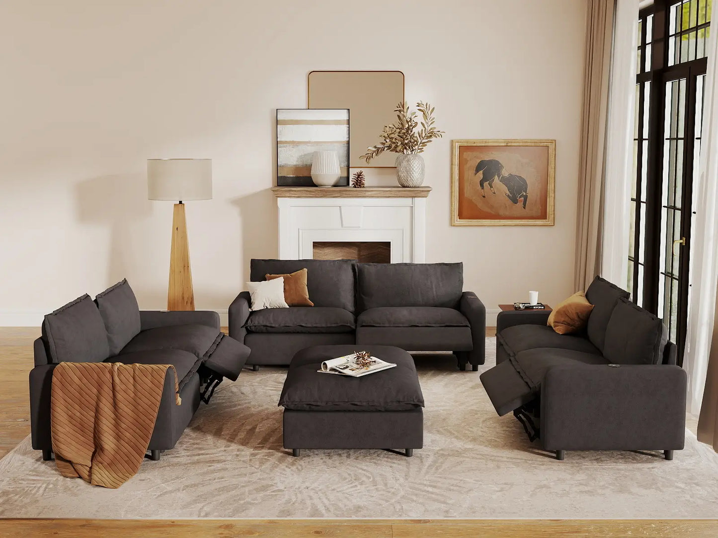 8 Piece Grey Linen Stretch Out Fully Sofa Sets 6 Seater with 2 Ottomans 7