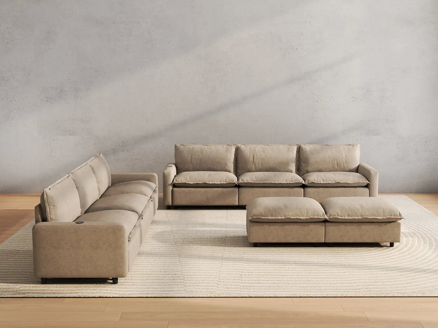 8 Piece Khaki Linen Full Leg Rest Sofa Sets 6 Seater with 2 Ottomans 4