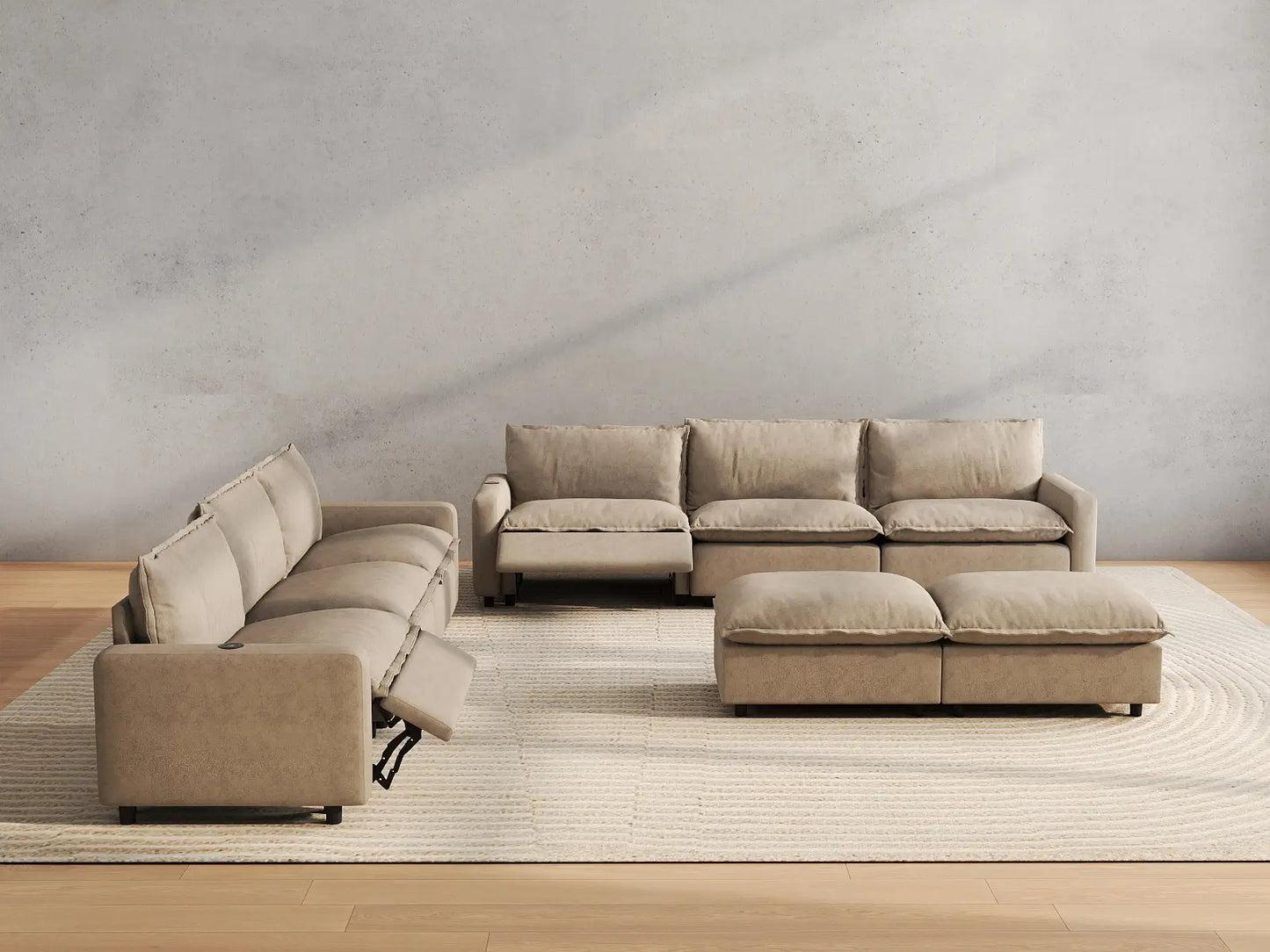 8 Piece Khaki Linen Full Leg Rest Sofa Sets 6 Seater with 2 Ottomans 5