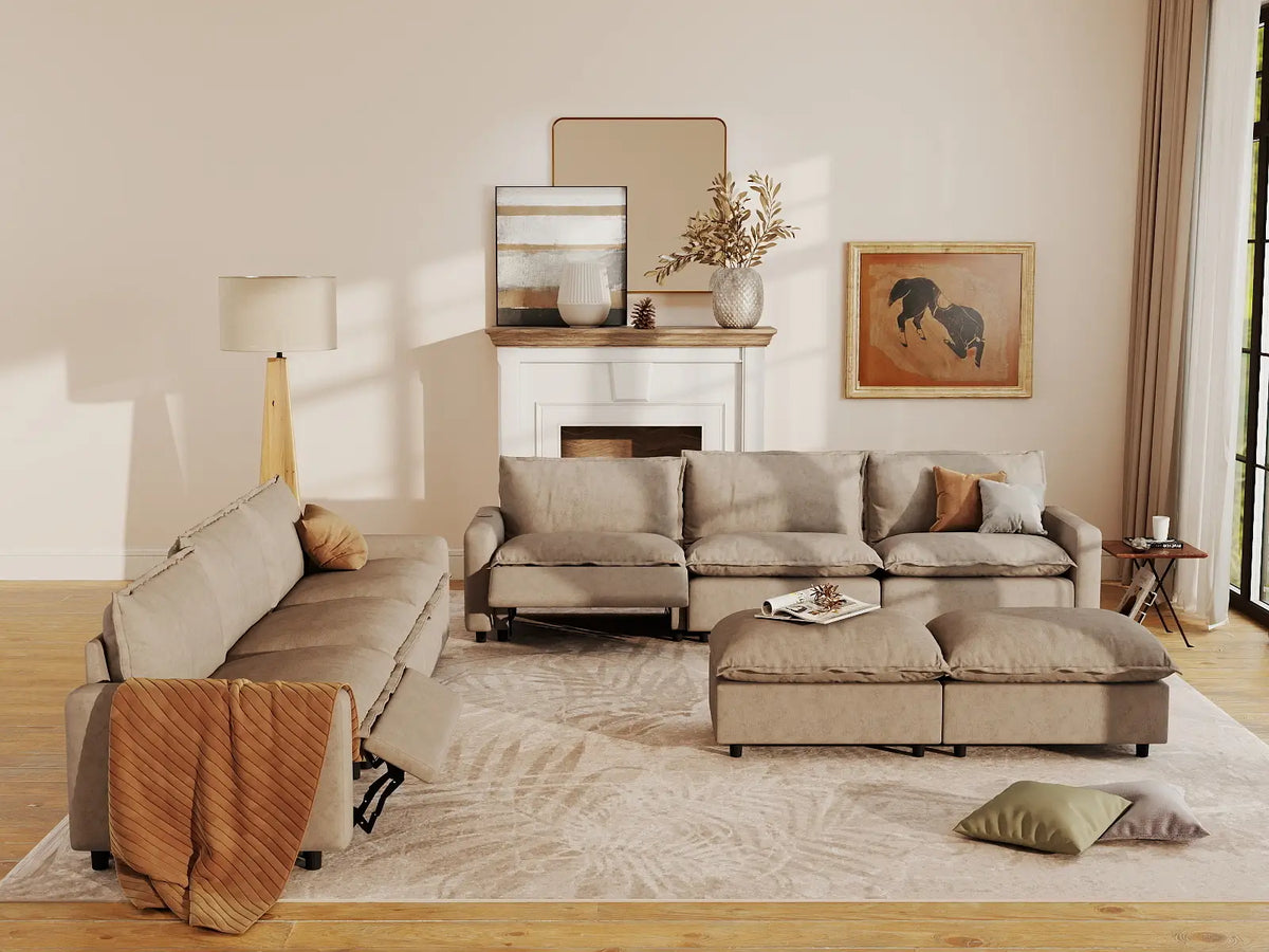 8 Piece Khaki Linen Full Leg Rest Sofa Sets 6 Seater with 2 Ottomans 7