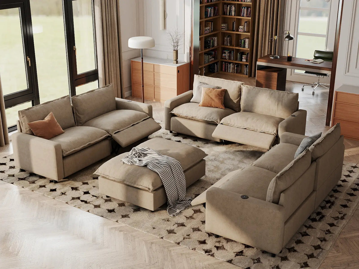 8 Piece Khaki Linen Power Motion Seat Sofa Sets 6 Seater with 2 Ottomans 1