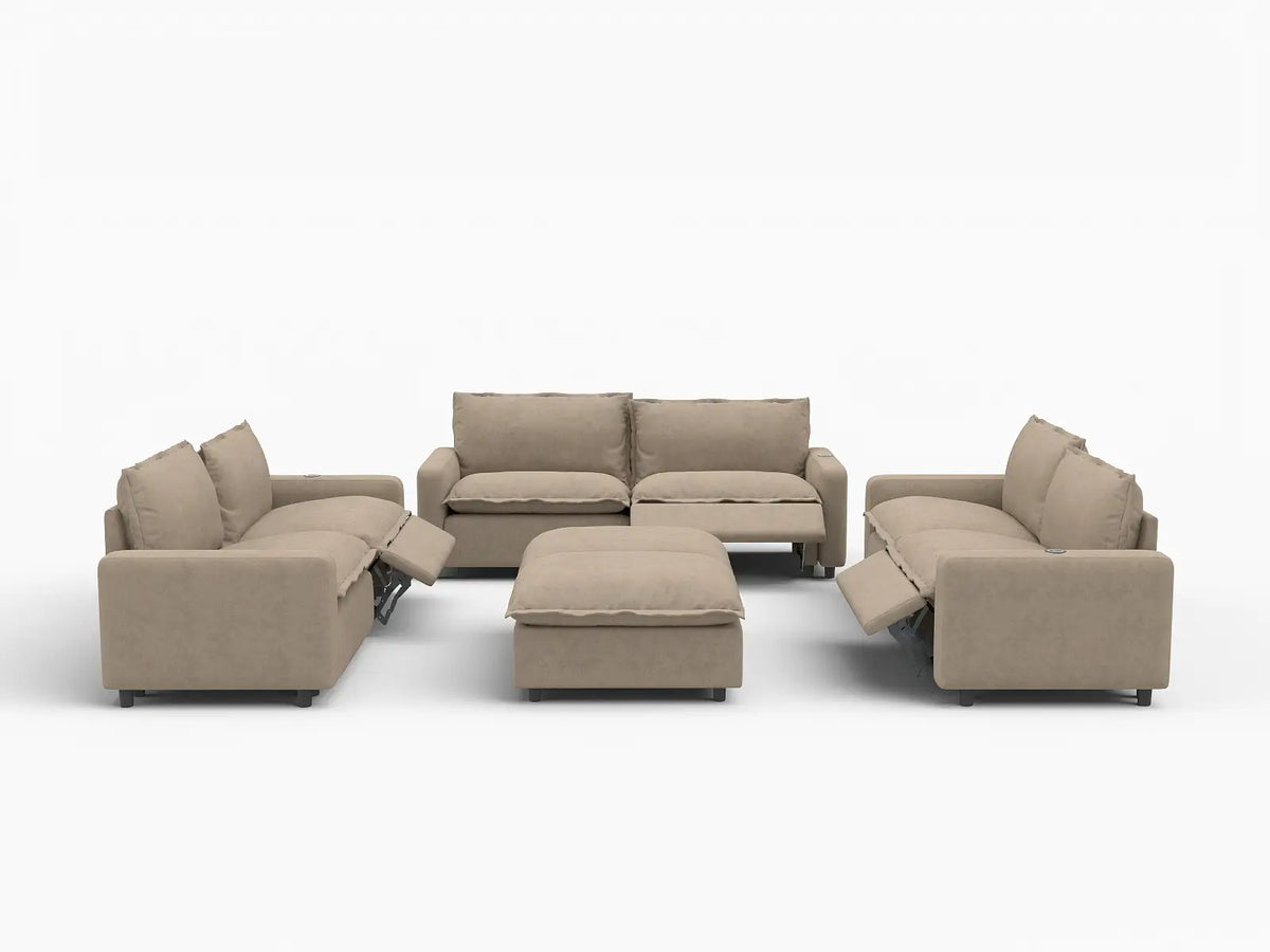 8 Piece Khaki Linen Power Motion Seat Sofa Sets 6 Seater with 2 Ottomans 2
