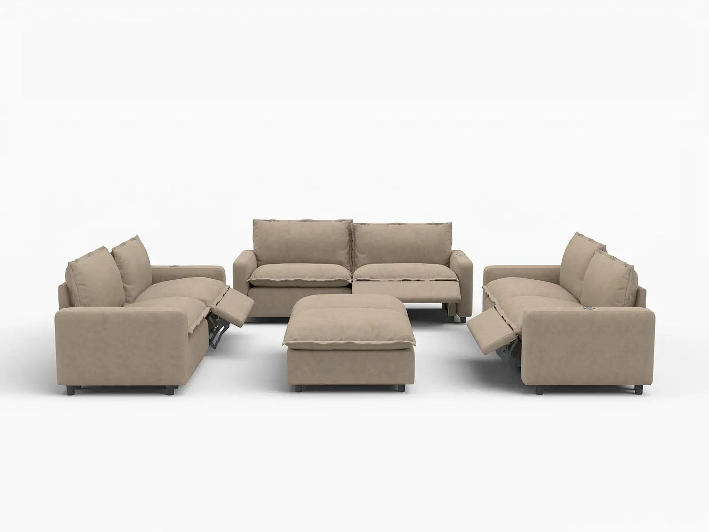 8 Piece Khaki Linen Power Motion Seat Sofa Sets 6 Seater with 2 Ottomans 2