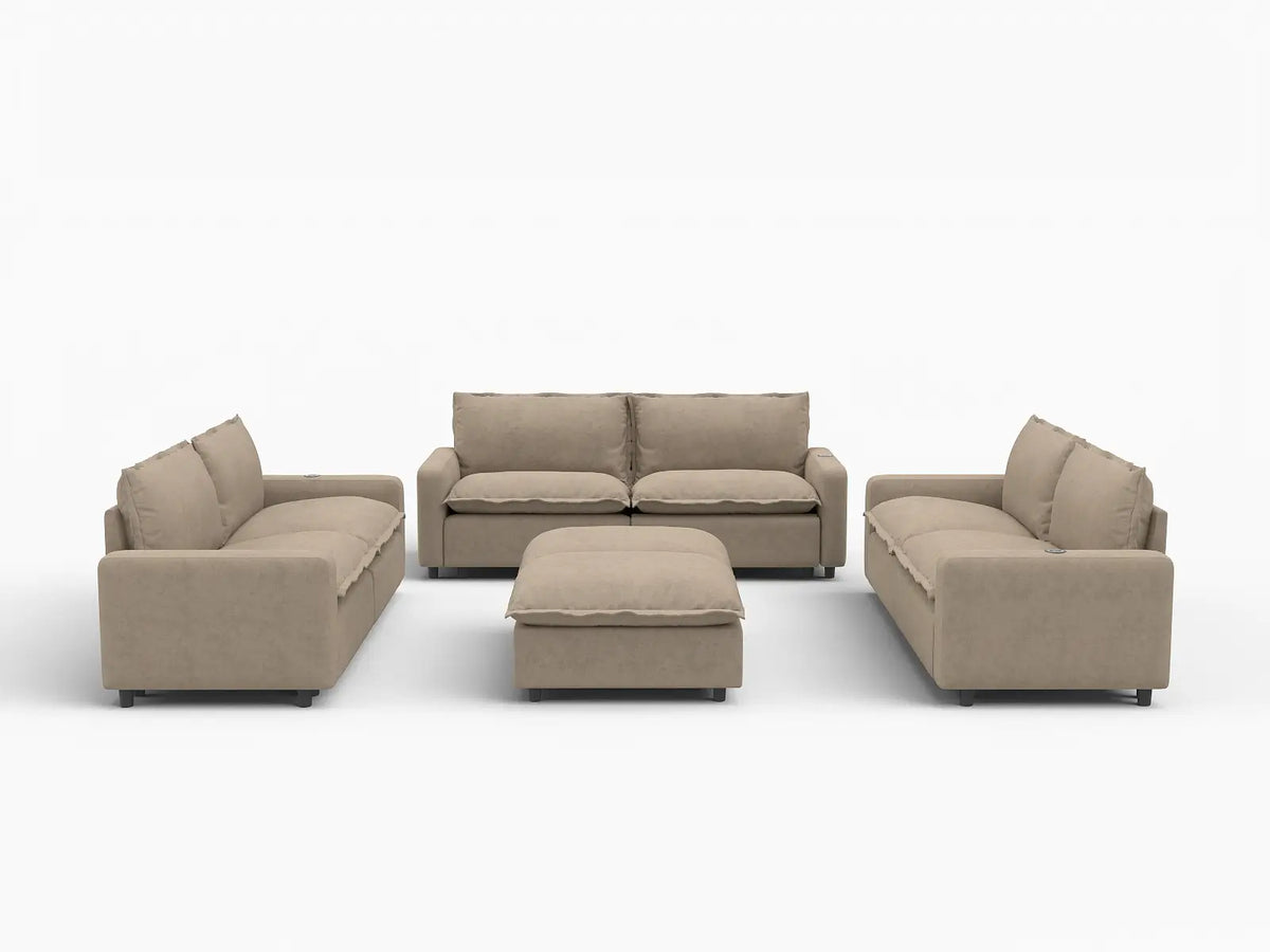 8 Piece Khaki Linen Power Motion Seat Sofa Sets 6 Seater with 2 Ottomans 3