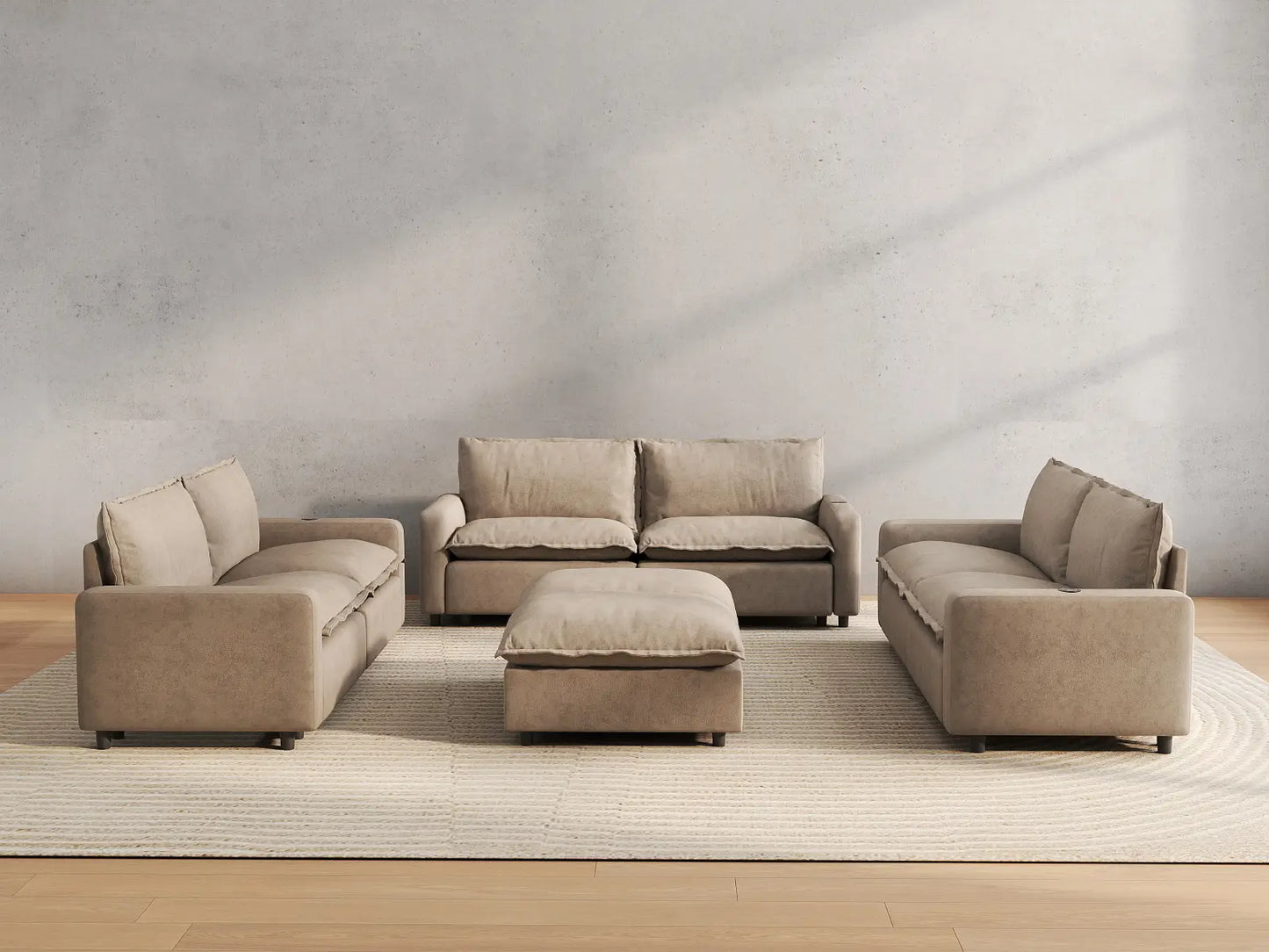 8 Piece Khaki Linen Power Motion Seat Sofa Sets 6 Seater with 2 Ottomans 4