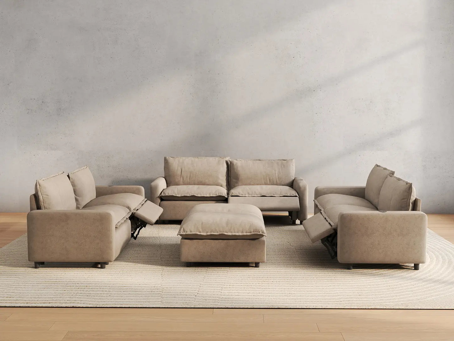 8 Piece Khaki Linen Power Motion Seat Sofa Sets 6 Seater with 2 Ottomans 5