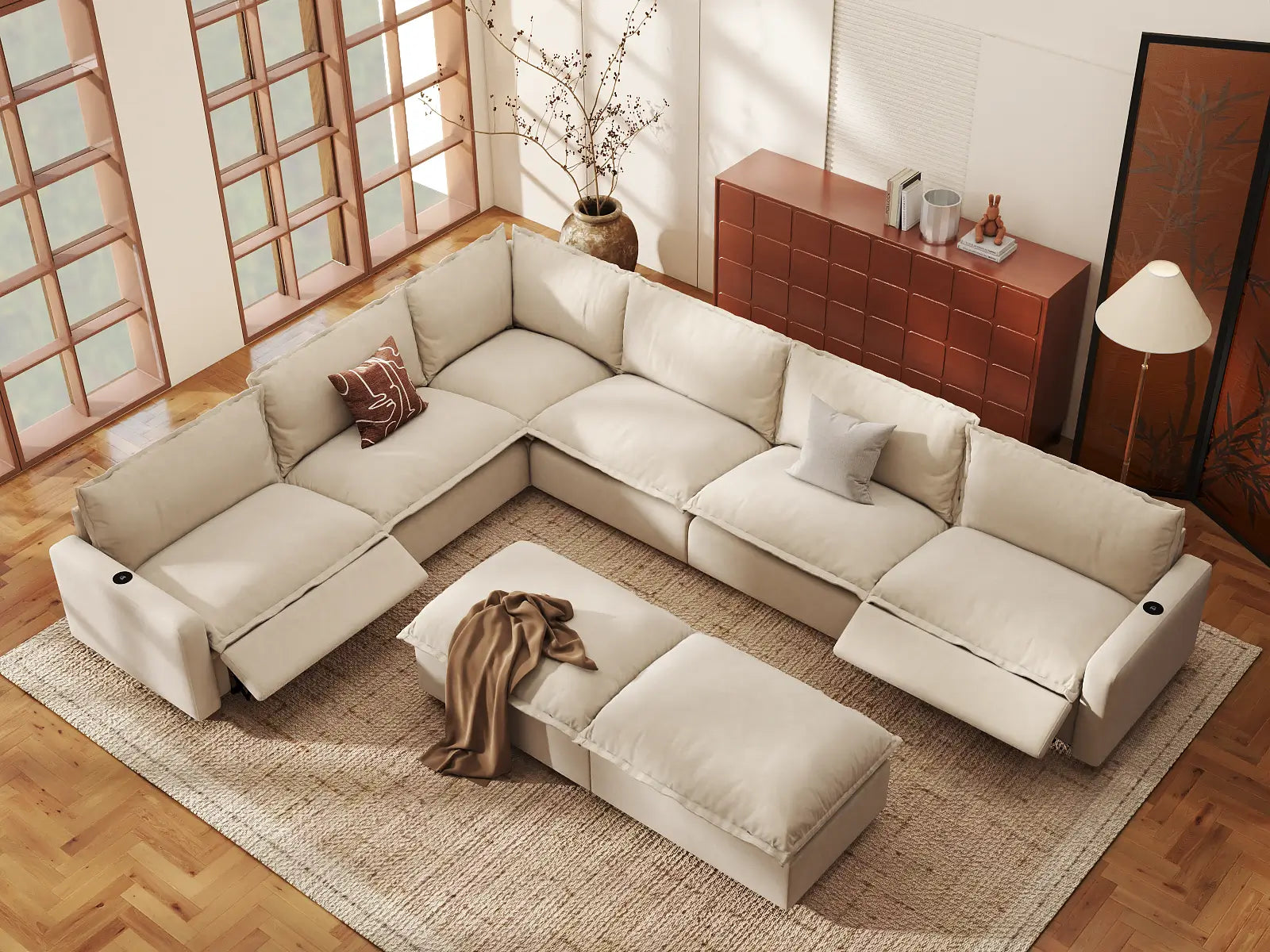 Modular Cero Living Room Sofa Set Recliner | 8-Piece Beige Linen Open Plan Sofa Sets 6-Seater with 2-Ottomans