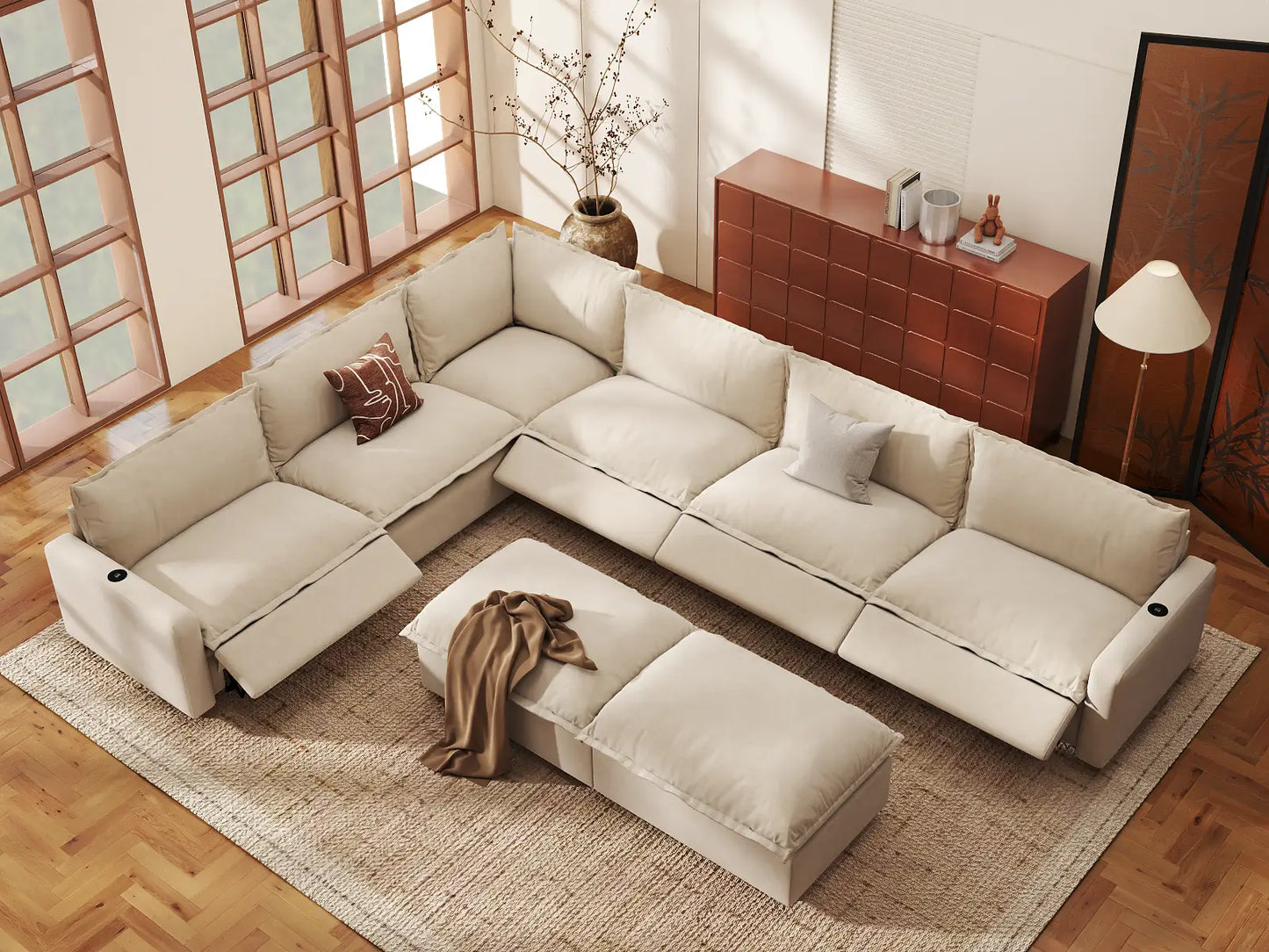 Modular Cero Reclining Sectionals | 8-Piece Beige Linen Open Plan Sofa Sets 6-Seater with 2-Ottomans
