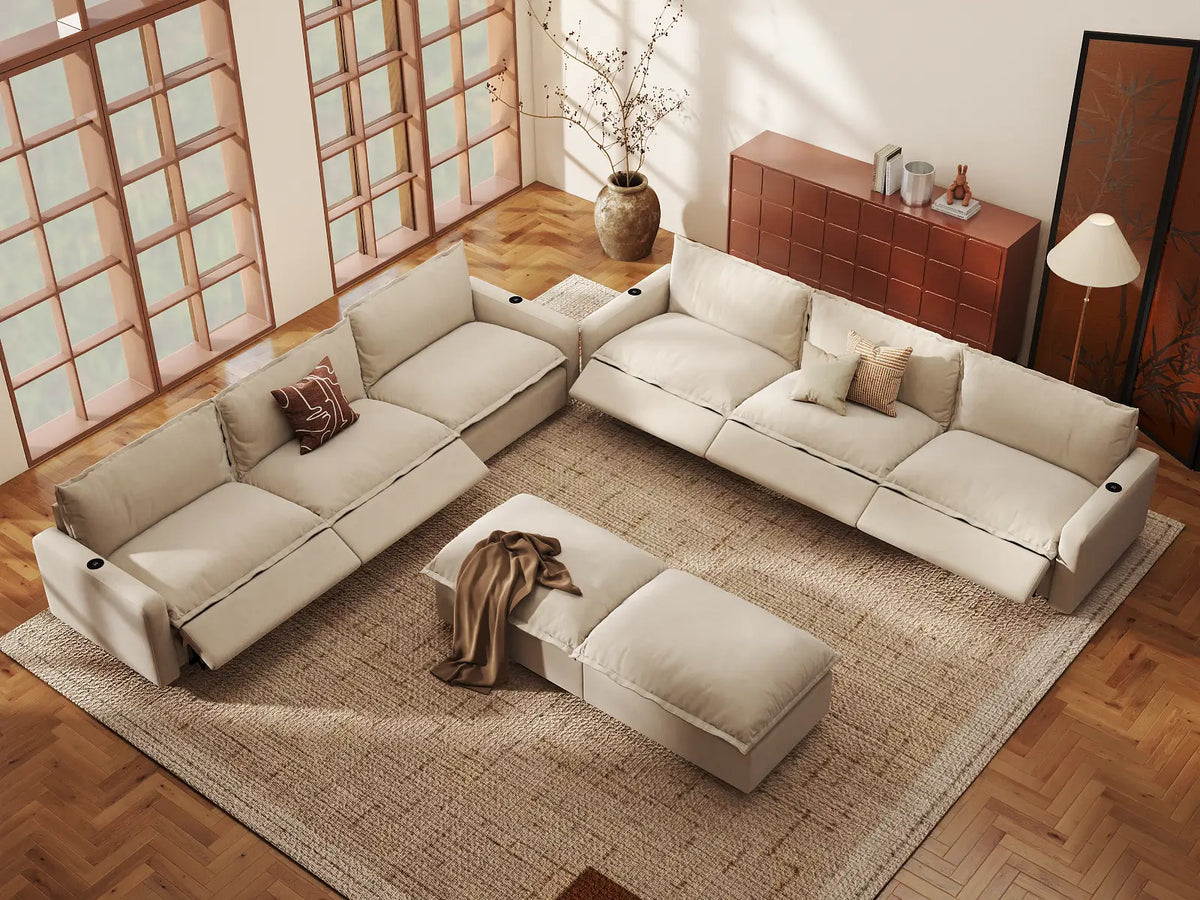 Modular Cero Reclining Sectionals | 8-Piece Beige Linen Open Plan Sofa Sets 6-Seater with 2-Ottomans