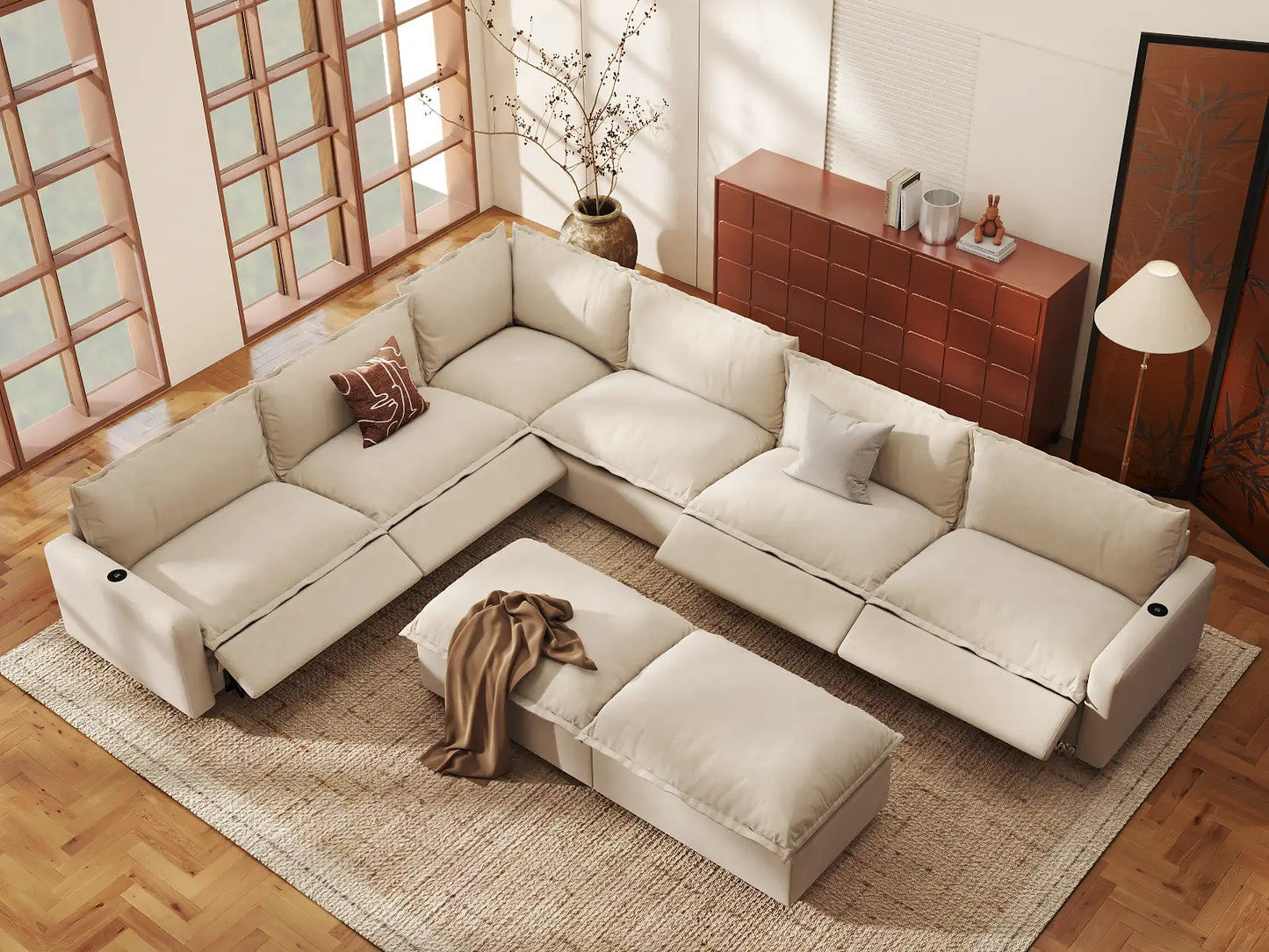 Modular Cero Reclining Sectionals | 8-Piece Beige Linen Open Plan Sofa Sets 6-Seater with 2-Ottomans