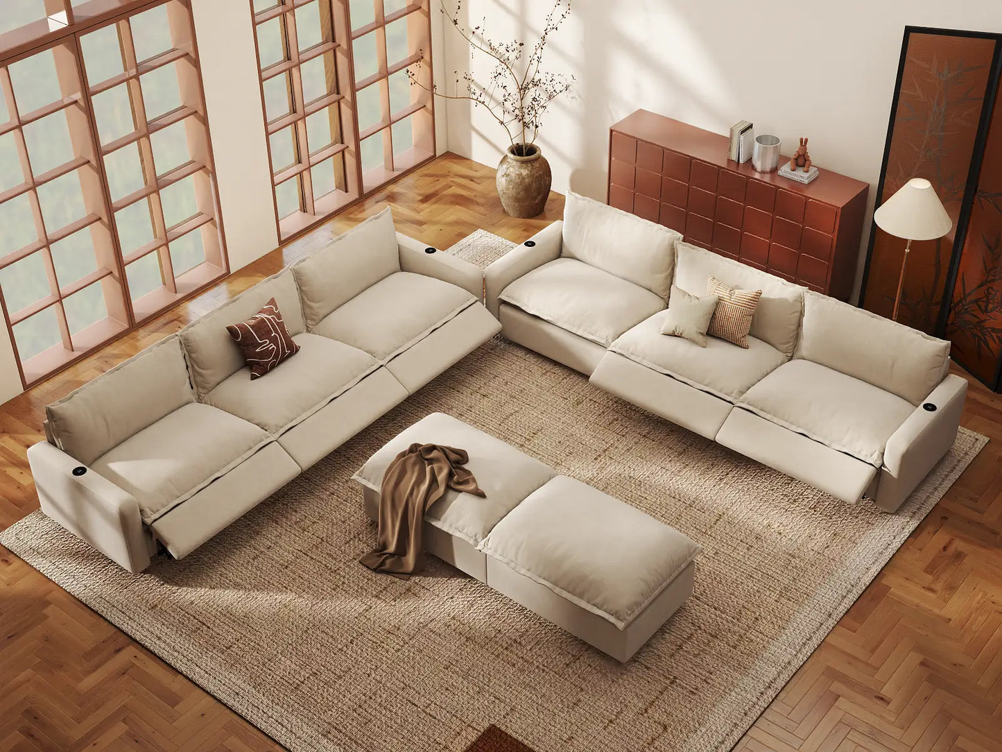 Modular Cero Reclining Sectionals | 8-Piece Beige Linen Open Plan Sofa Sets 6-Seater with 2-Ottomans