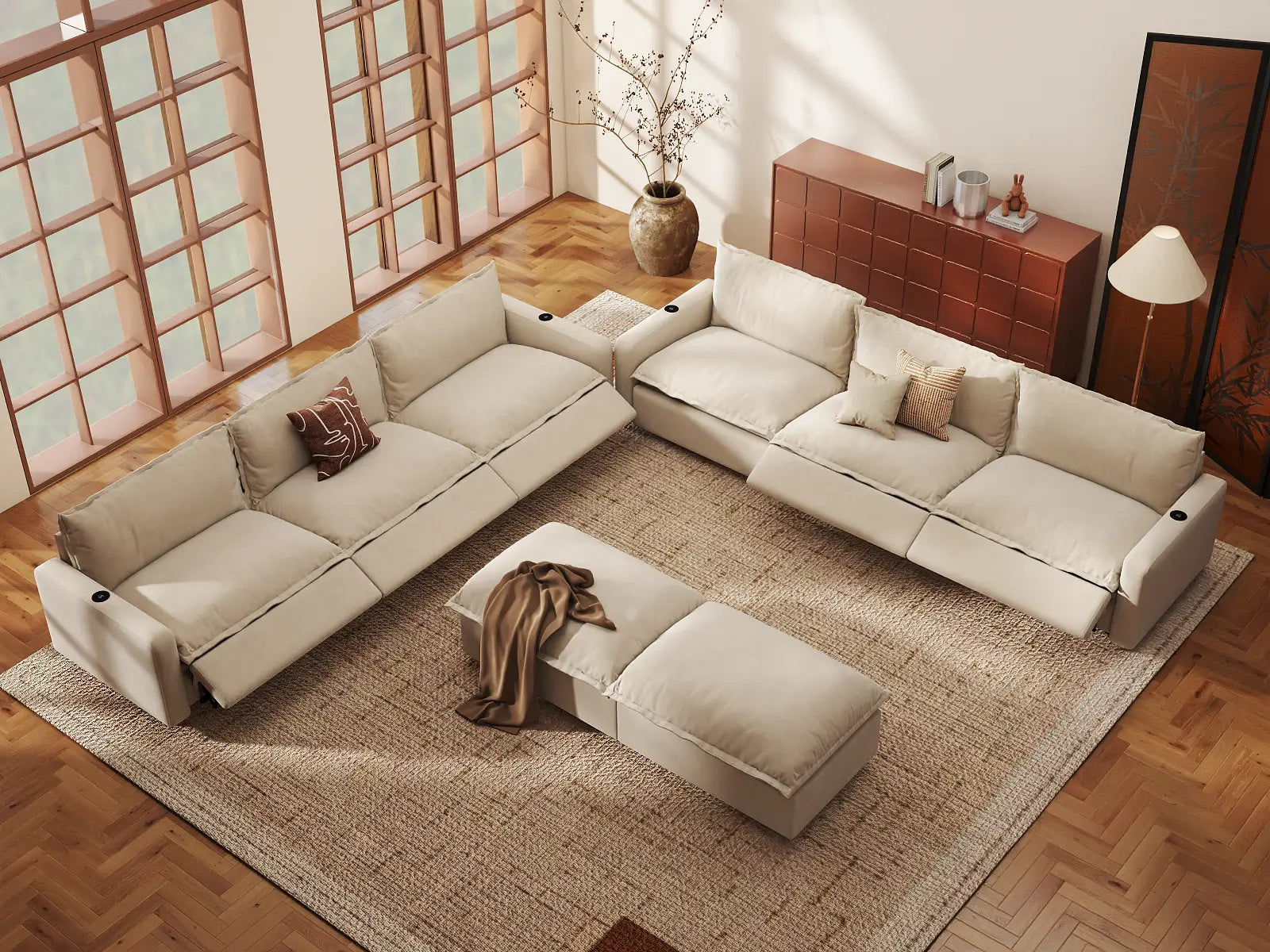 Modular Cero Living Room Sofa Set Recliner | 8-Piece Beige Linen Open Plan Sofa Sets 6-Seater with 2-Ottomans