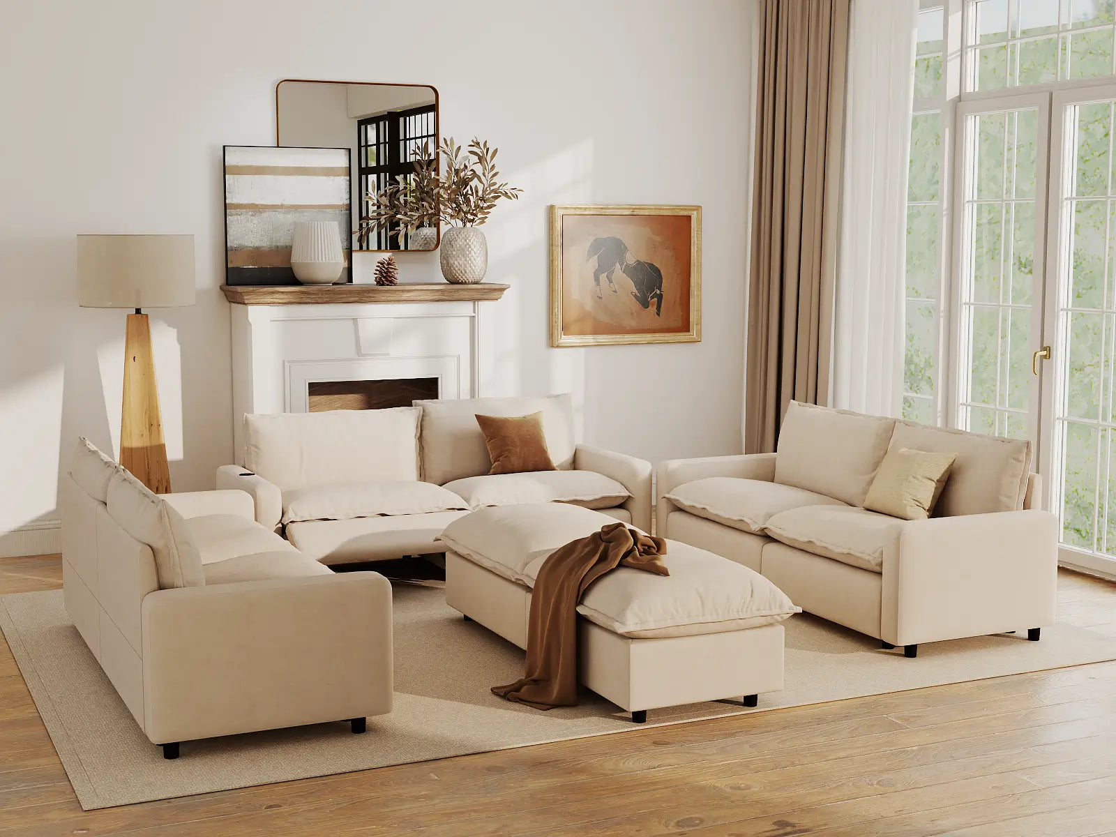 Modular Cero Reclining Sectionals | 8-Piece Beige Linen Open Plan Sofa Sets 6-Seater with 2-Ottomans