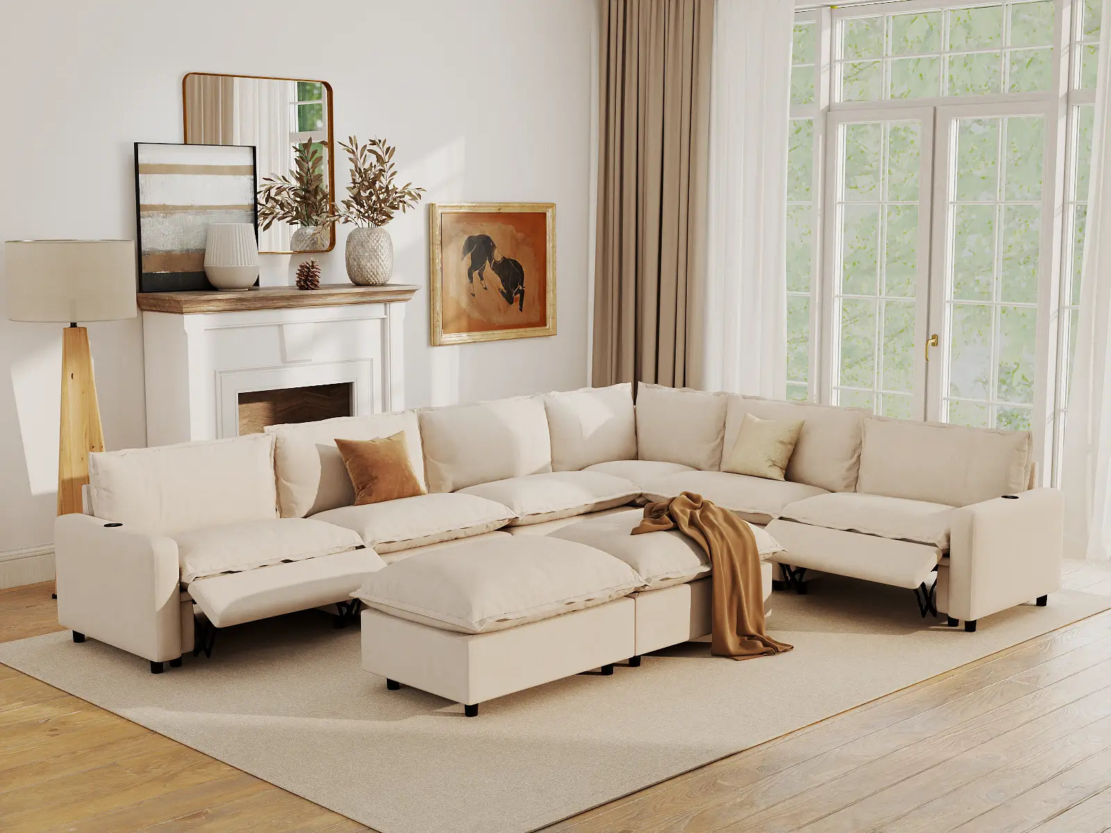 Modular Cero Living Room Sofa Set Recliner | 8-Piece Beige Linen Open Plan Sofa Sets 6-Seater with 2-Ottomans