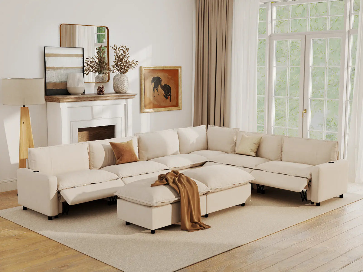 Modular Cero Reclining Sectionals | 8-Piece Beige Linen Open Plan Sofa Sets 6-Seater with 2-Ottomans