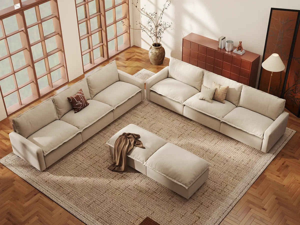 Modular Cero Modular Sectionals | 8-Piece Beige Linen Open Plan Sofa Sets 6-Seater with 2-Ottomans