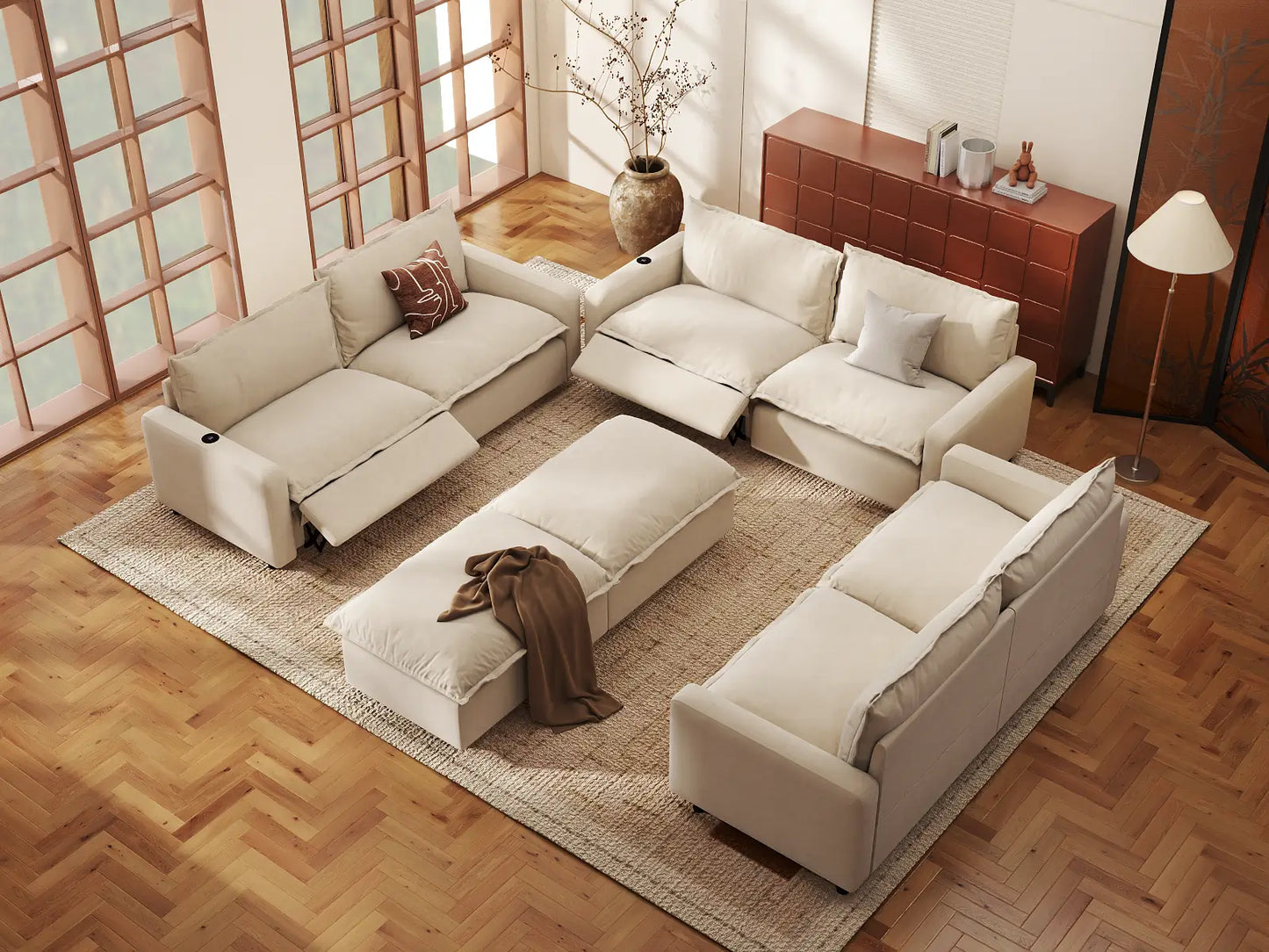 Modular Cero Reclining Sectionals | 8-Piece Beige Linen Open Plan Sofa Sets 6-Seater with 2-Ottomans