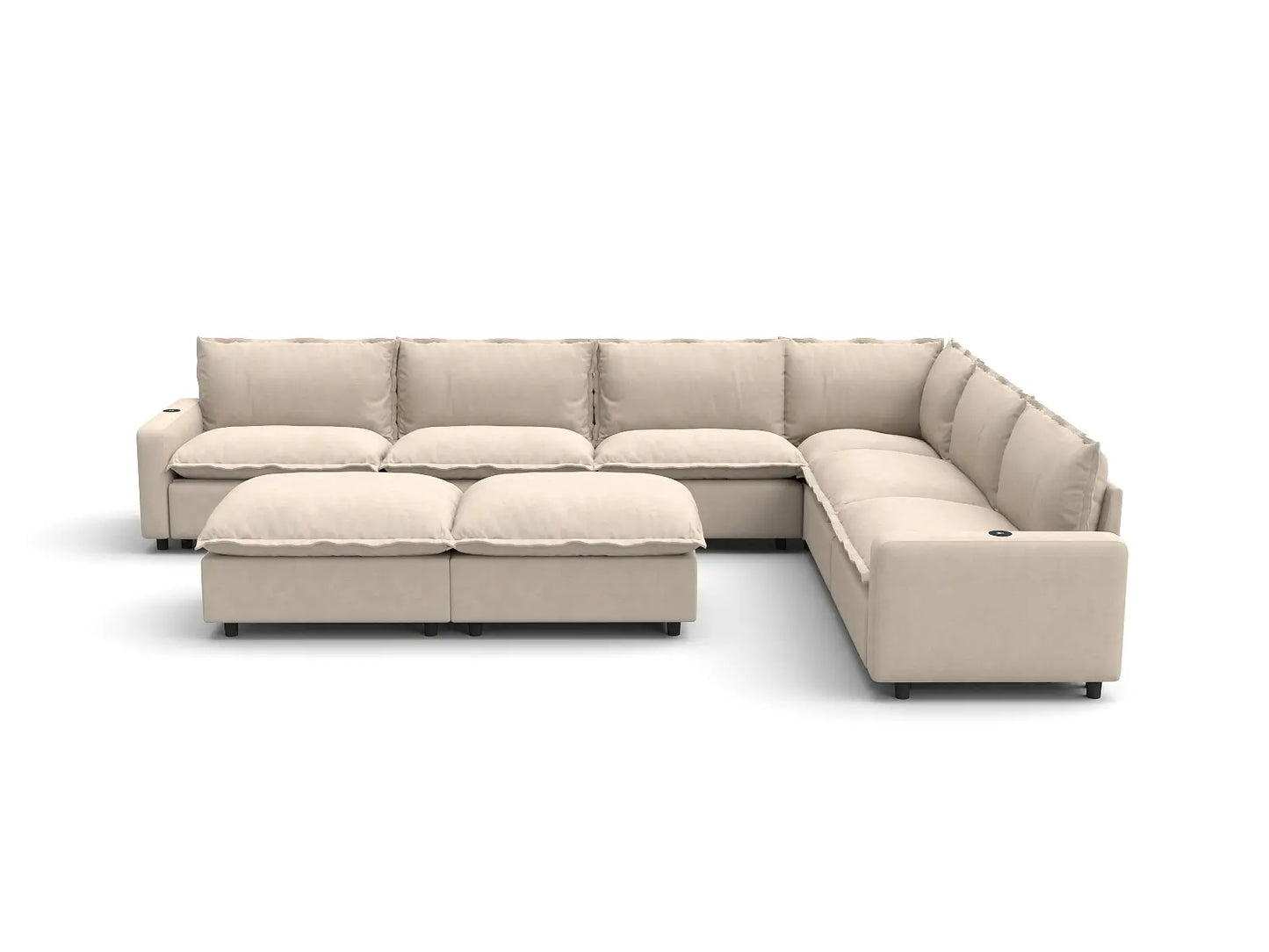 Modular Cero Power Recliner Sofa Set for Living Room | 8-Piece Beige Linen Open Plan Sofa Sets 6-Seater with 2-Ottomans