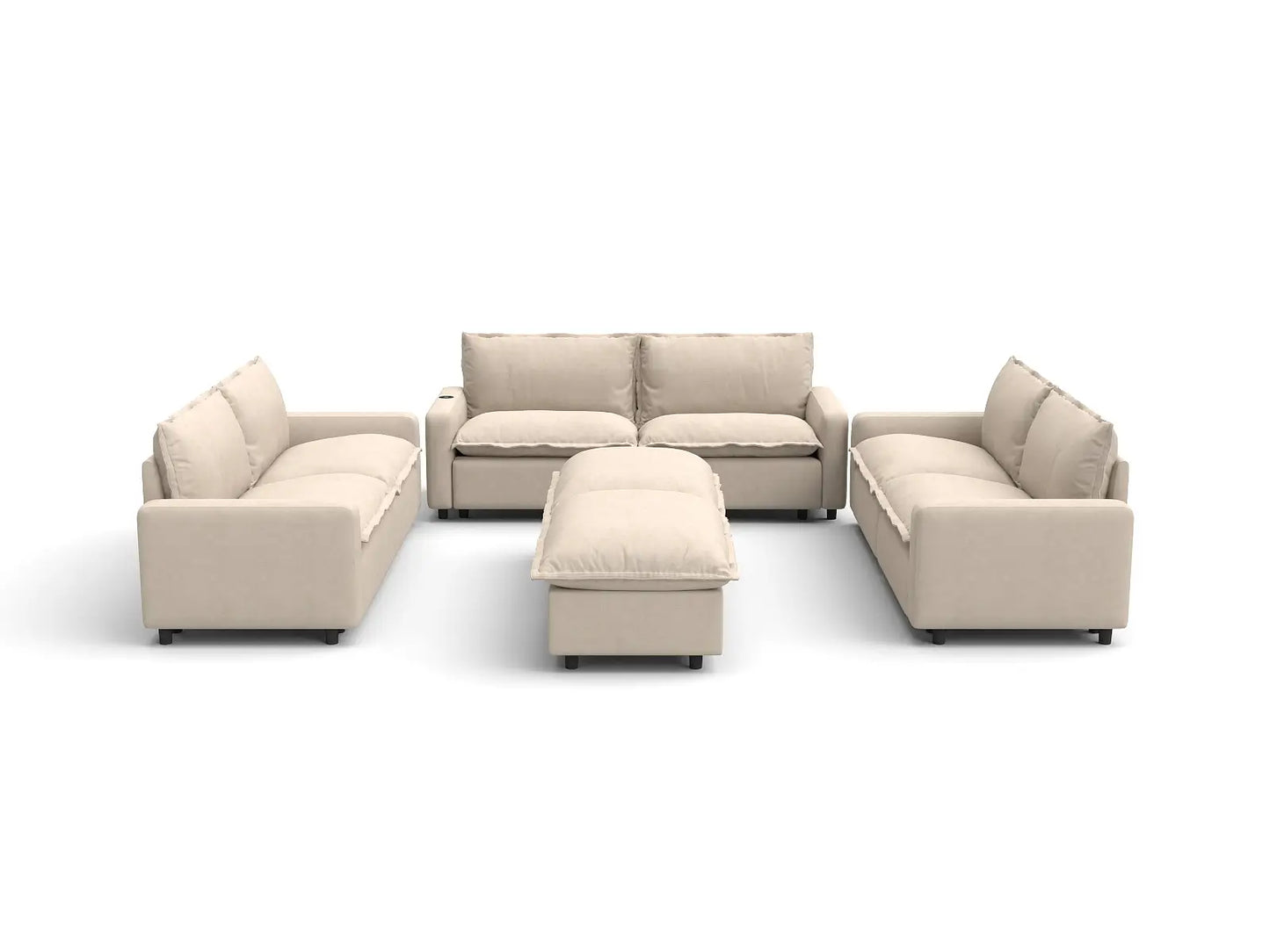 Modular Cero Reclining Sectionals | 8-Piece Beige Linen Open Plan Sofa Sets 6-Seater with 2-Ottomans