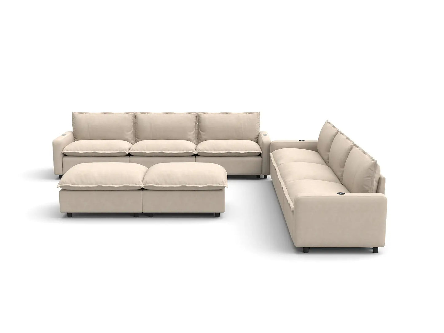Modular Cero Reclining Sectionals | 8-Piece Beige Linen Open Plan Sofa Sets 6-Seater with 2-Ottomans