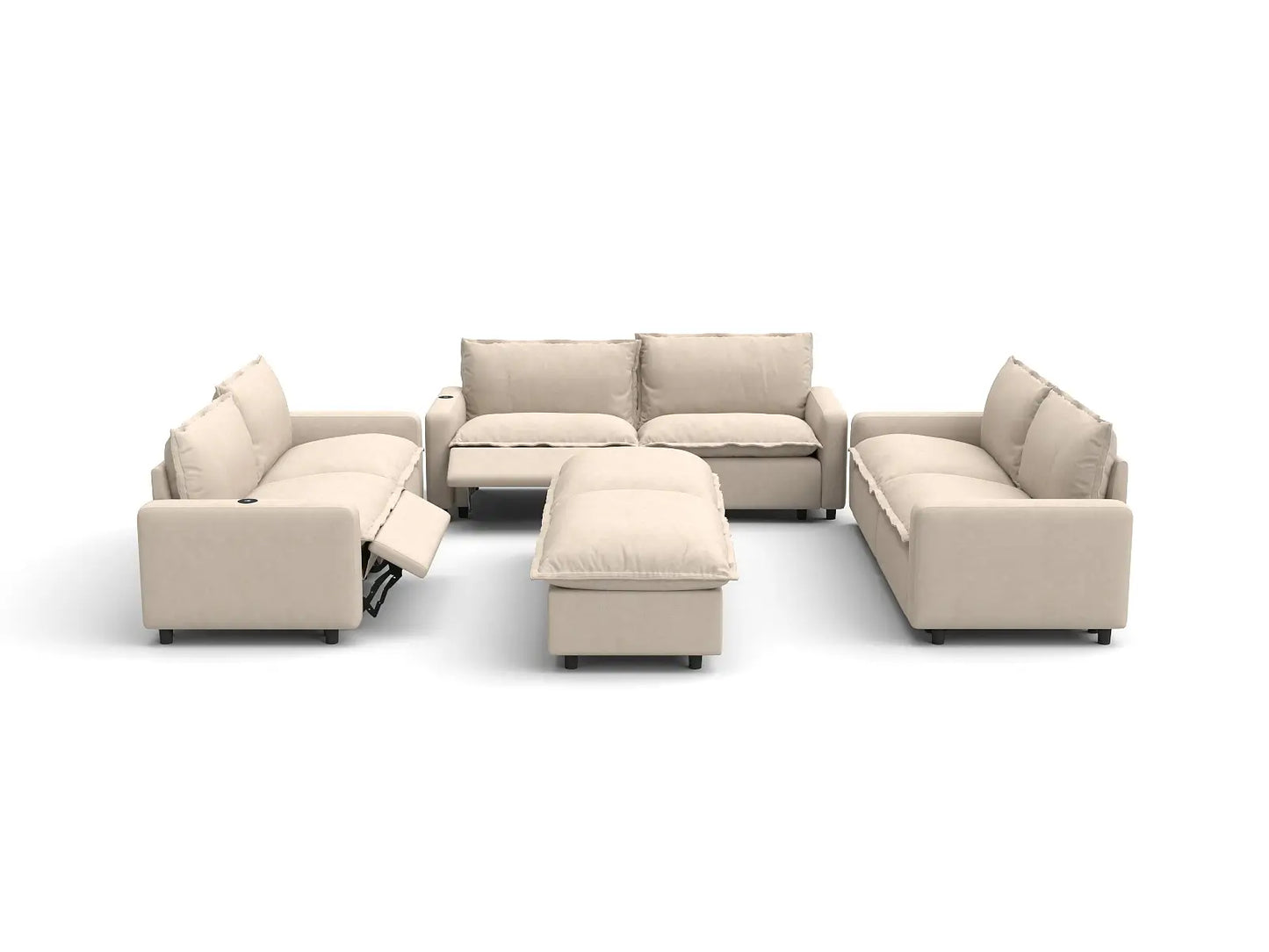 Modular Cero Reclining Sectionals | 8-Piece Beige Linen Open Plan Sofa Sets 6-Seater with 2-Ottomans
