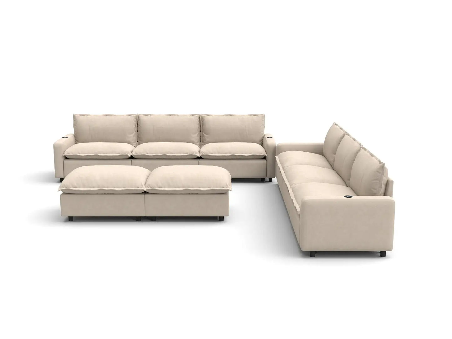 Modular Cero Sofa and Recliner Set Sale | 8-Piece Beige Linen Open Plan Sofa Sets 6-Seater with 2-Ottomans