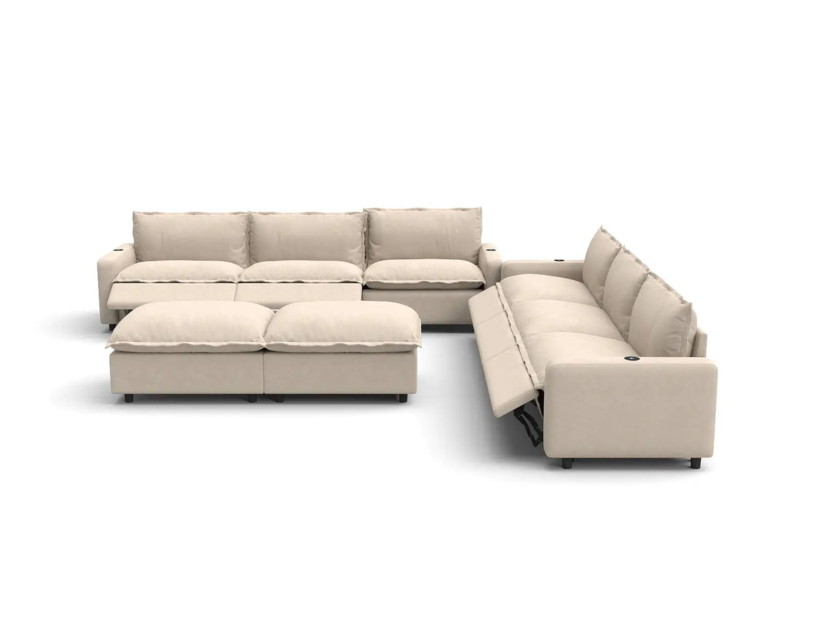 Modular Cero Reclining Sectionals | 8-Piece Beige Linen Open Plan Sofa Sets 6-Seater with 2-Ottomans