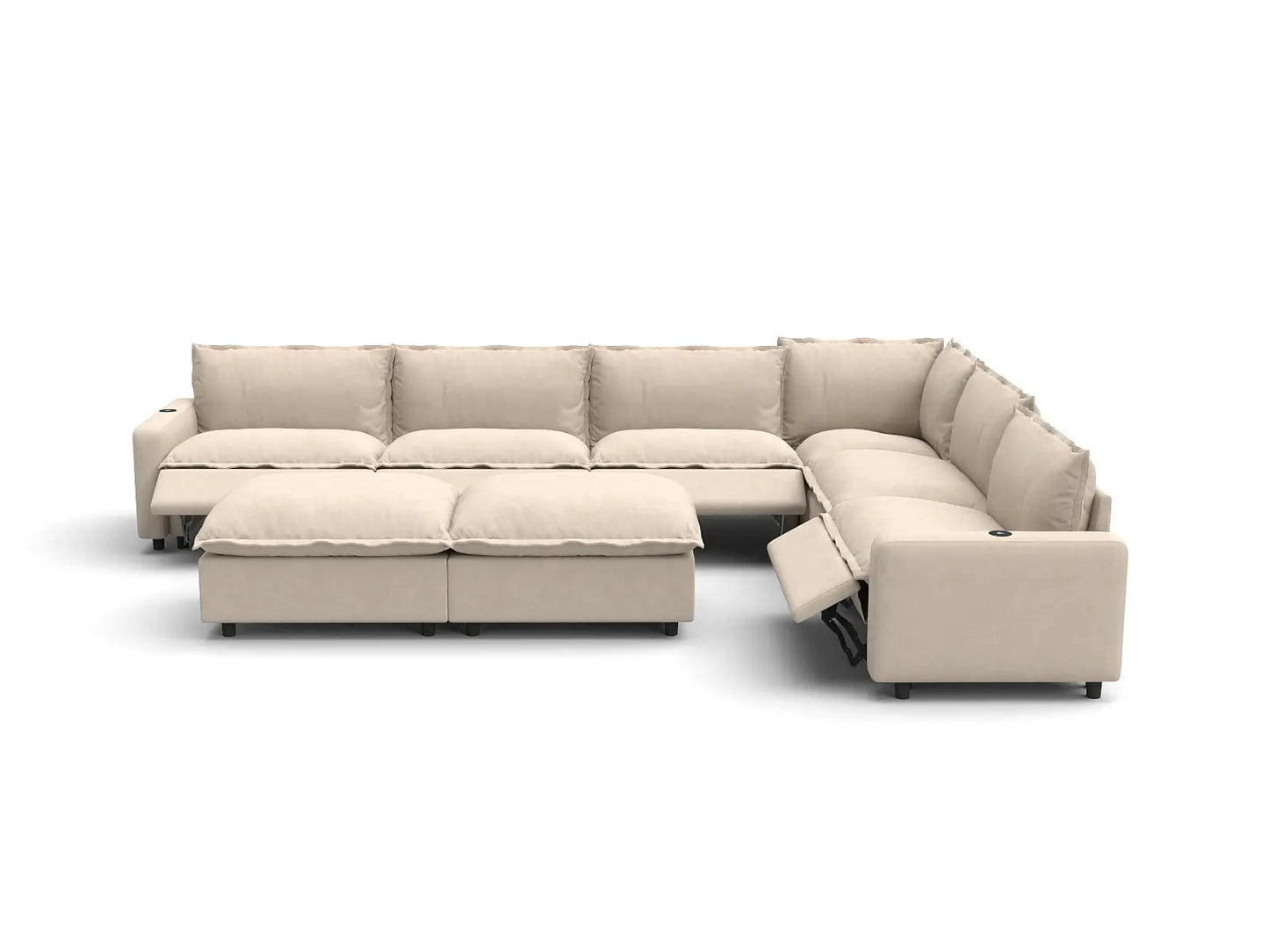 Modular Cero Reclining Sectionals | 8-Piece Beige Linen Open Plan Sofa Sets 6-Seater with 2-Ottomans