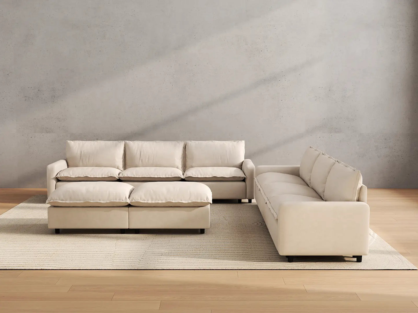 Modular Cero Modular Sectionals | 8-Piece Beige Linen Open Plan Sofa Sets 6-Seater with 2-Ottomans