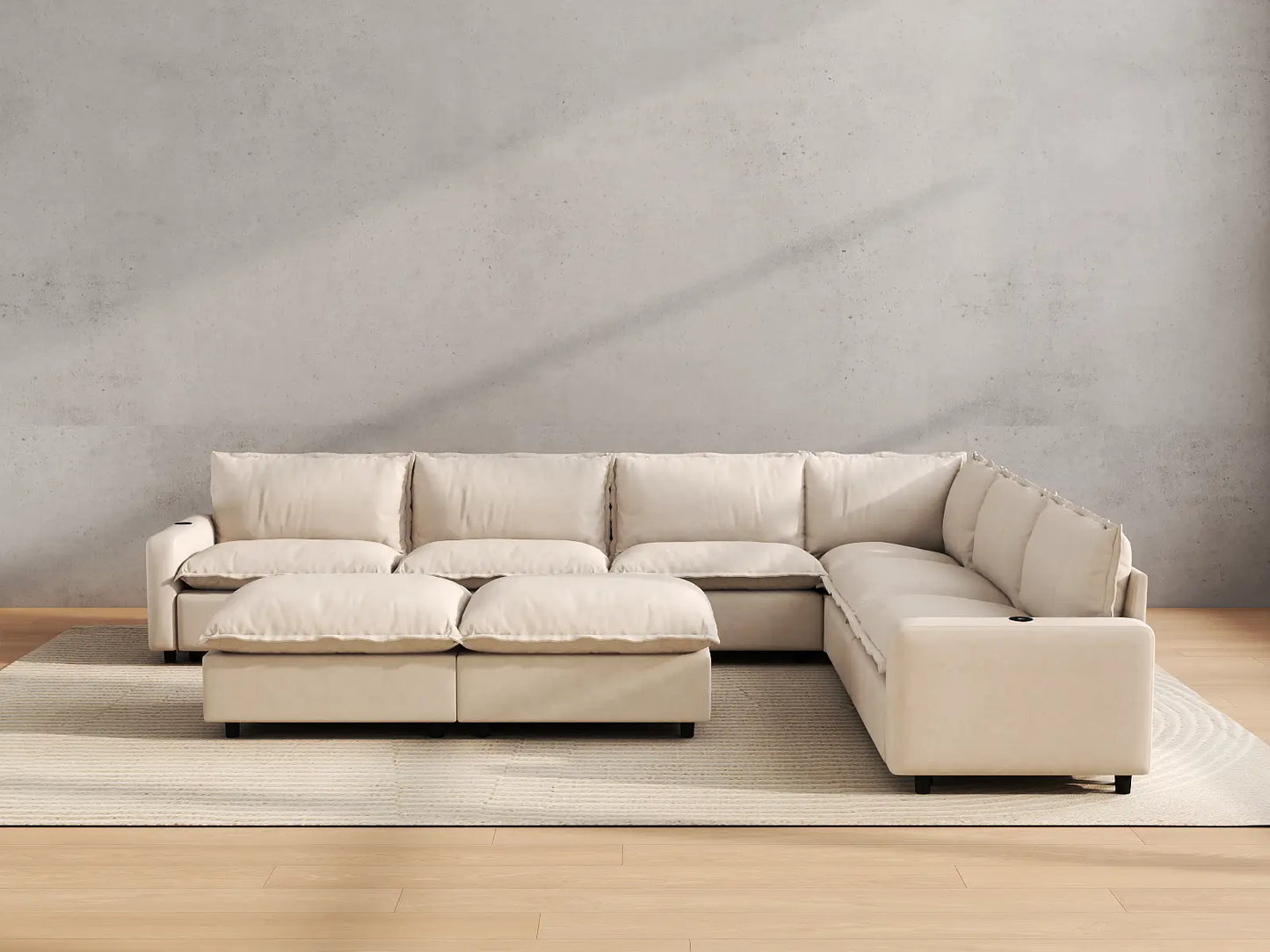 Modular Cero Power Recliner Sofa Set for Living Room | 8-Piece Beige Linen Open Plan Sofa Sets 6-Seater with 2-Ottomans