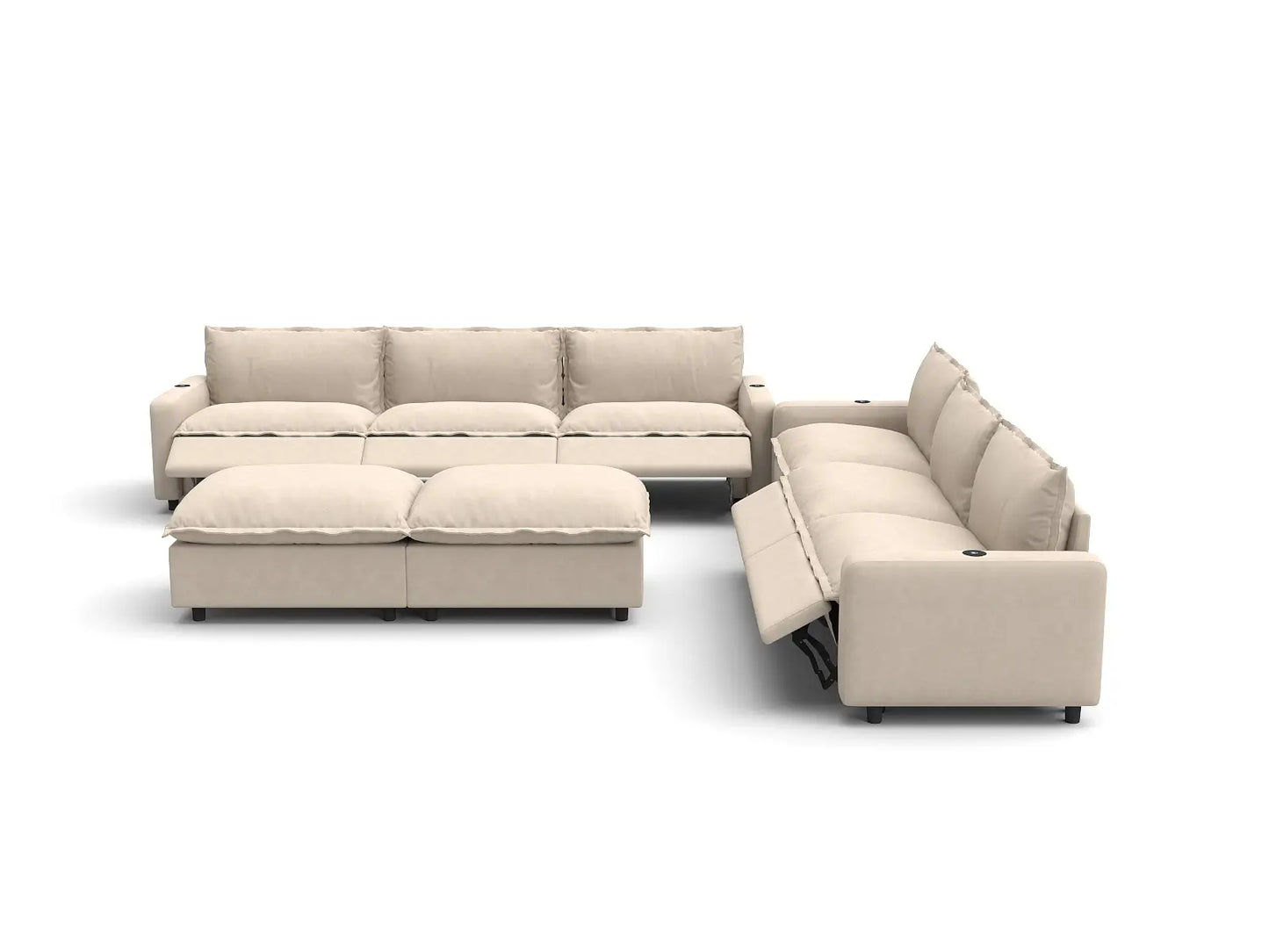 Modular Cero Reclining Sectionals | 8-Piece Beige Linen Open Plan Sofa Sets 6-Seater with 2-Ottomans