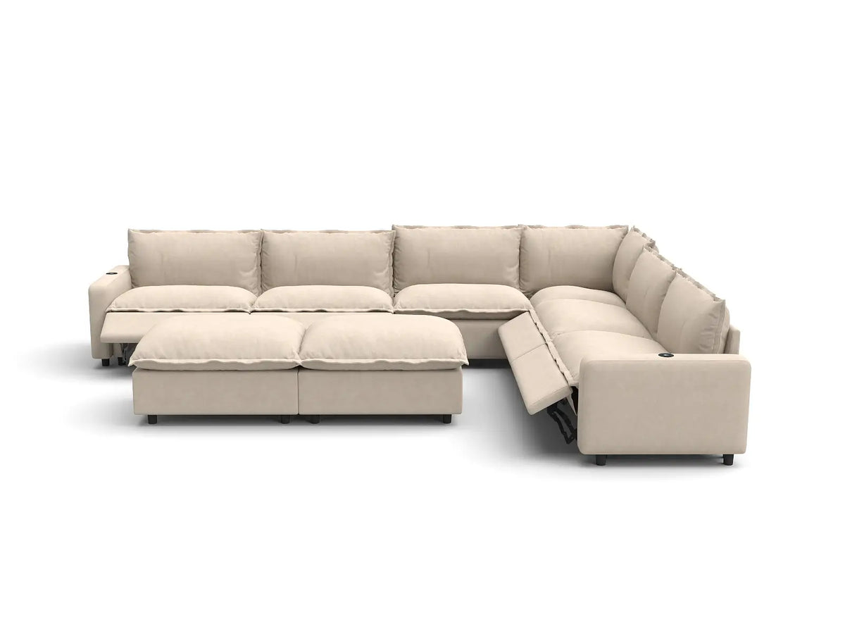 Modular Cero Reclining Sectionals | 8-Piece Beige Linen Open Plan Sofa Sets 6-Seater with 2-Ottomans