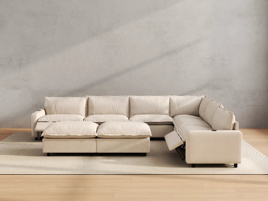 Modular Cero Reclining Sectionals | 8-Piece Beige Linen Open Plan Sofa Sets 6-Seater with 2-Ottomans