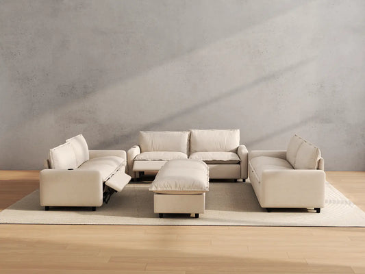 Modular Cero Reclining Sectionals | 8-Piece Beige Linen Open Plan Sofa Sets 6-Seater with 2-Ottomans