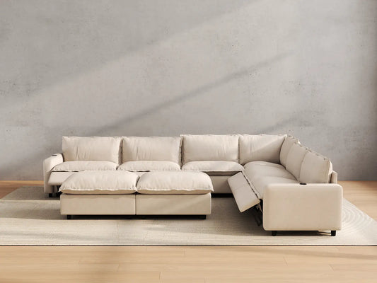 Modular Cero Reclining Sectionals | 8-Piece Beige Linen Open Plan Sofa Sets 6-Seater with 2-Ottomans