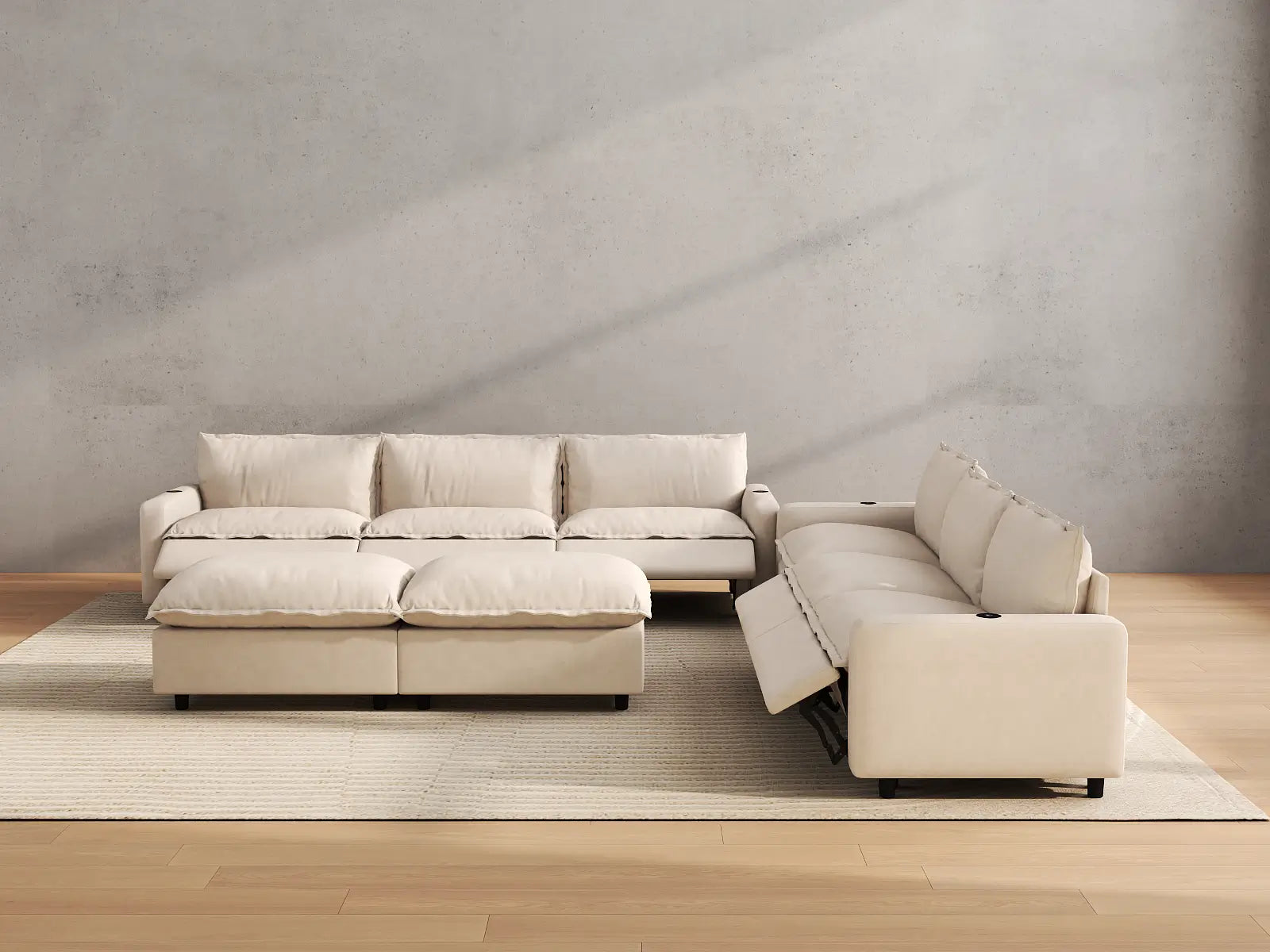 Modular Cero Living Room Sofa Set Recliner | 8-Piece Beige Linen Open Plan Sofa Sets 6-Seater with 2-Ottomans