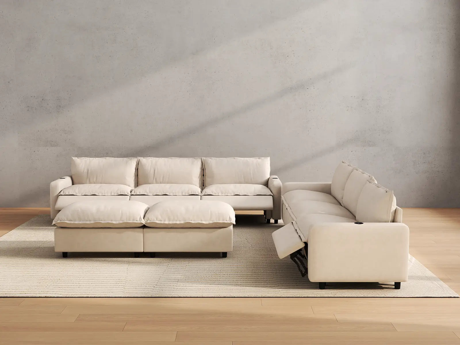 Modular Cero Sofa and Recliner Set Sale | 8-Piece Beige Linen Open Plan Sofa Sets 6-Seater with 2-Ottomans