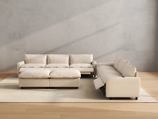 Modular Cero Reclining Sectionals | 8-Piece Beige Linen Open Plan Sofa Sets 6-Seater with 2-Ottomans