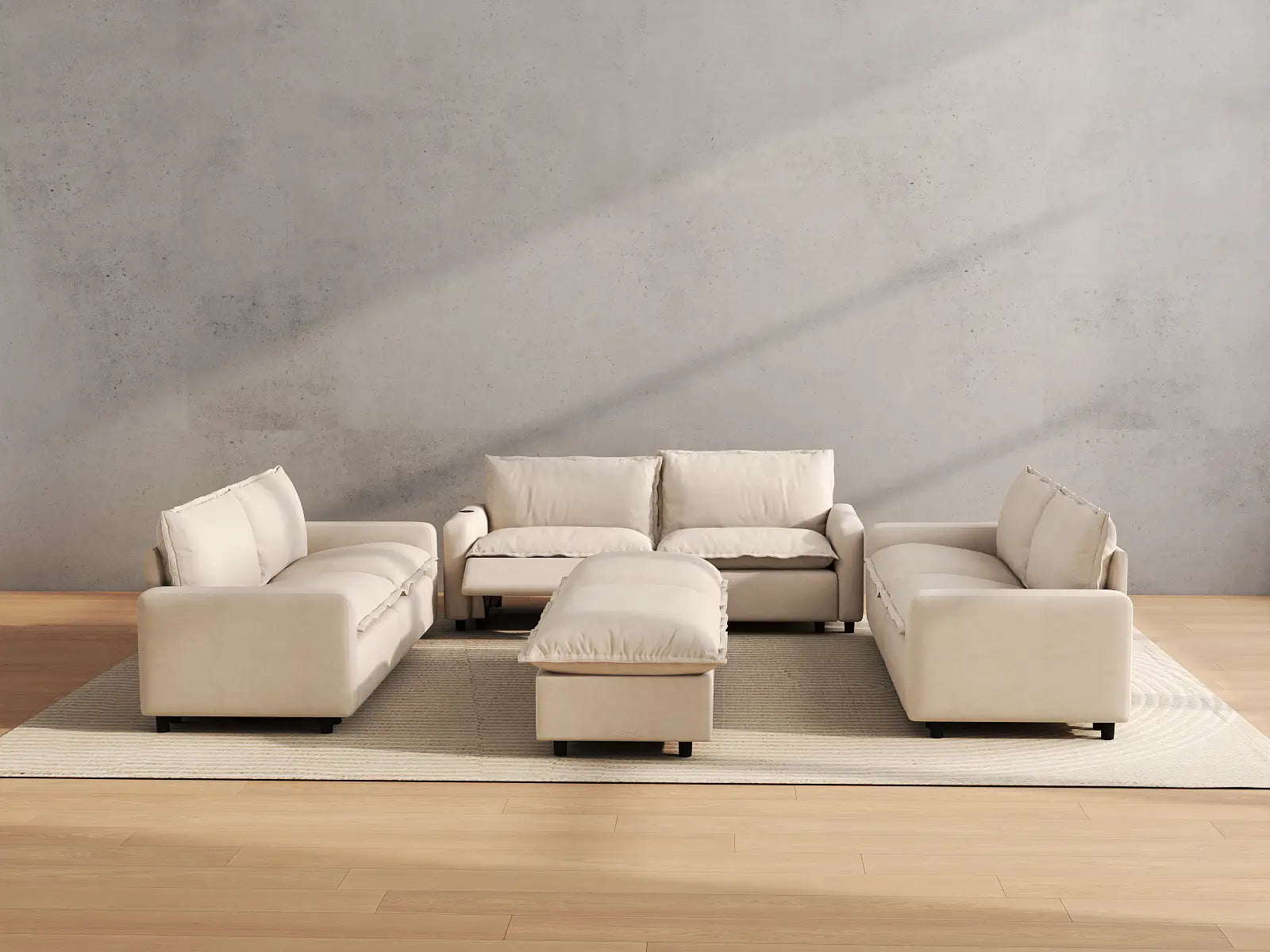 Modular Cero Reclining Sectionals | 8-Piece Beige Linen Open Plan Sofa Sets 6-Seater with 2-Ottomans