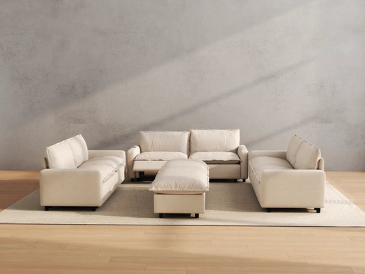 Modular Cero Reclining Sectionals | 8-Piece Beige Linen Open Plan Sofa Sets 6-Seater with 2-Ottomans